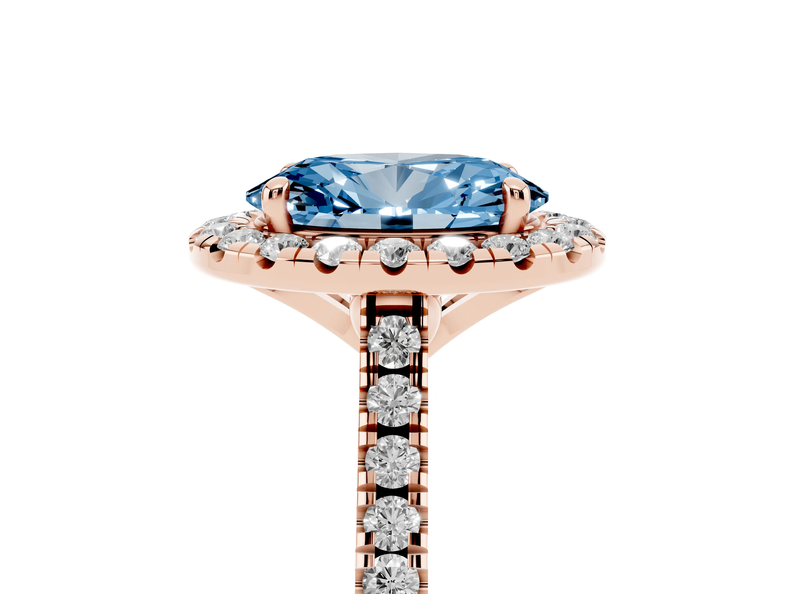 Fancy Blue Oval Cut Diamond Cushion Halo Ring Set in Rose gold with Pavé Band