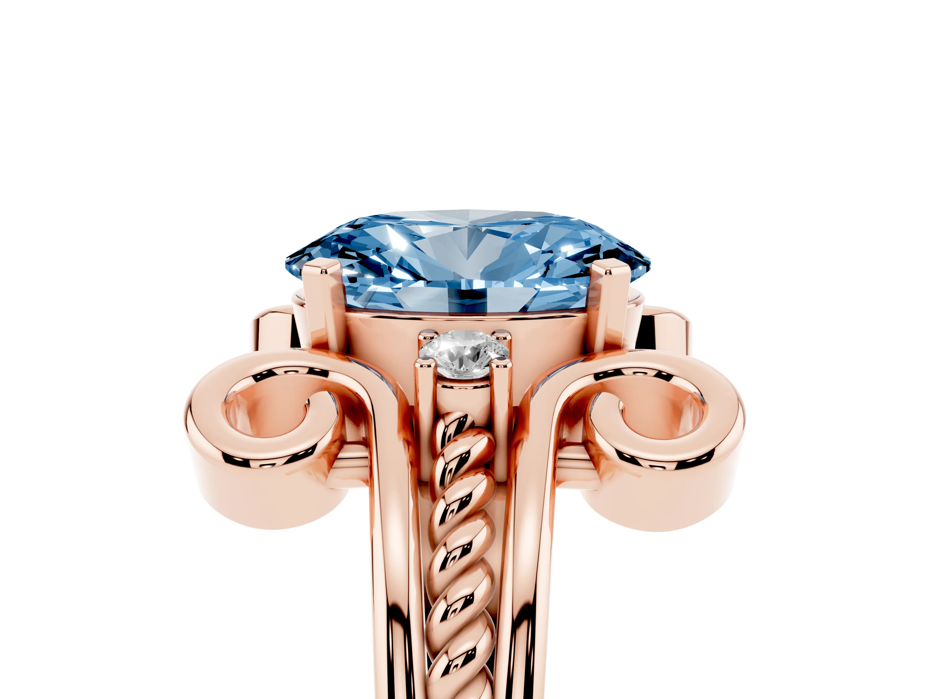 Fancy Blue Oval Cut Diamond Twisted Band Solitaire Ring Set in Rose gold with Scroll Prongs