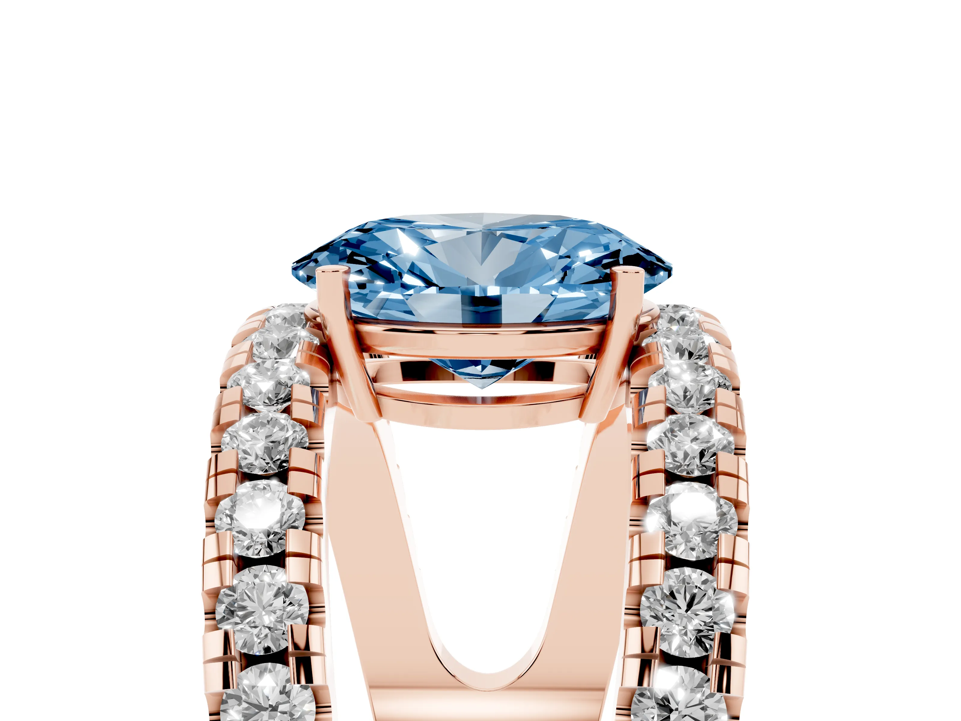 Fancy Blue Oval Cut Diamond Split Shank Pavé Solitaire Ring Set in Rose gold with Open Shank Design