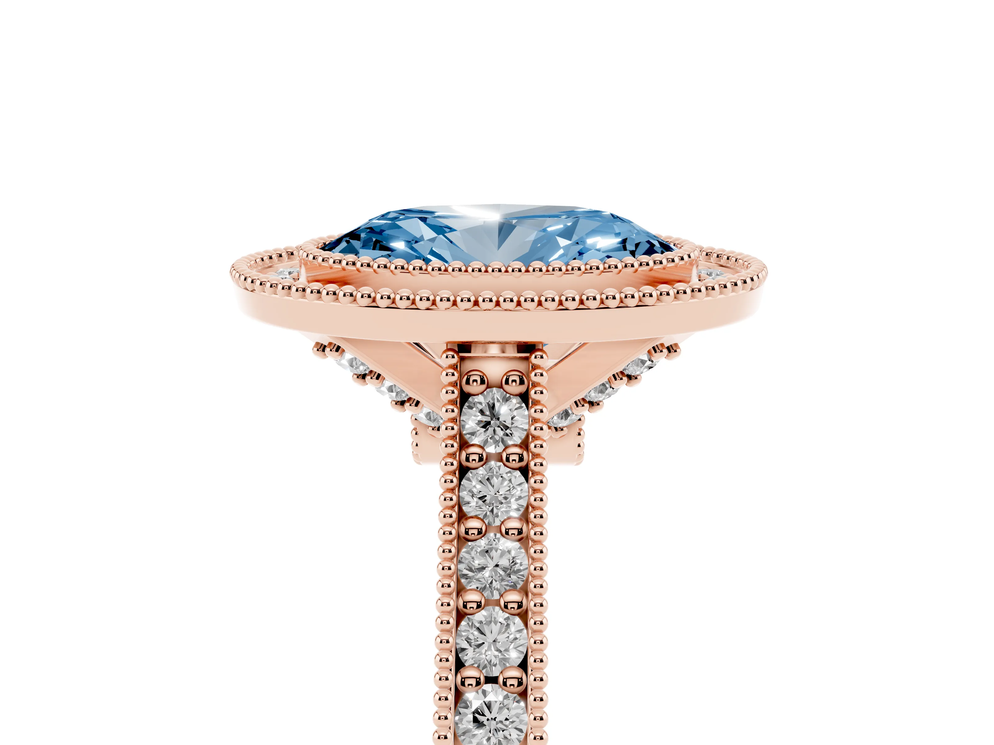 Fancy Blue Oval Cut Diamond Halo Milgrain Pavé Band Ring Set in Rose gold with Prong Setting