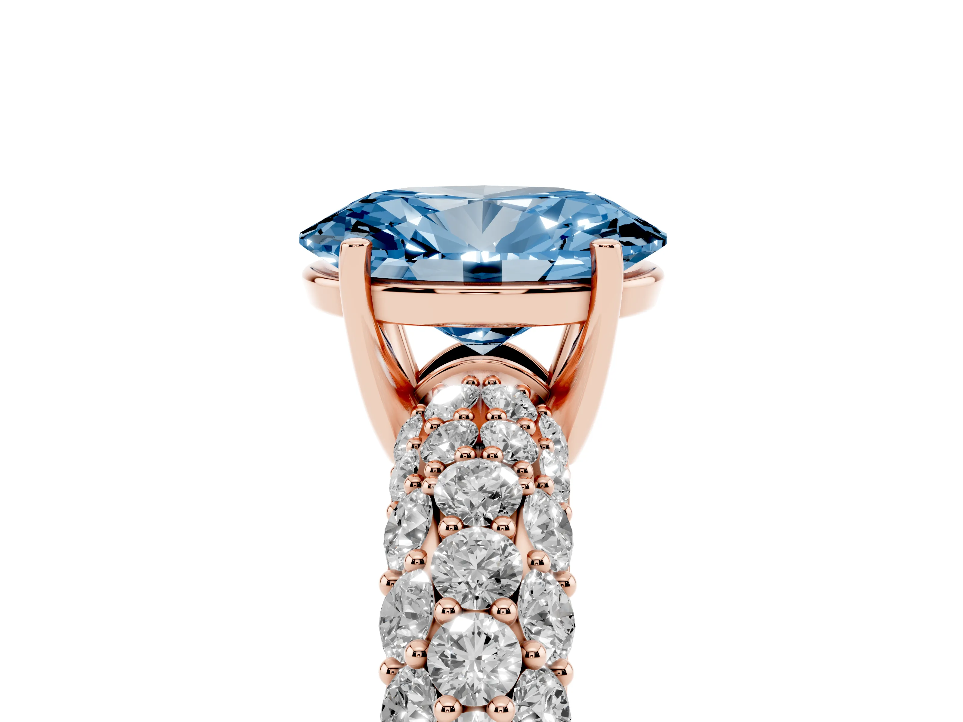 Fancy Blue Oval Cut Diamond Pavé Band Solitaire Ring Set in Rose gold with Close-Set Accent Stones and Prong Setting