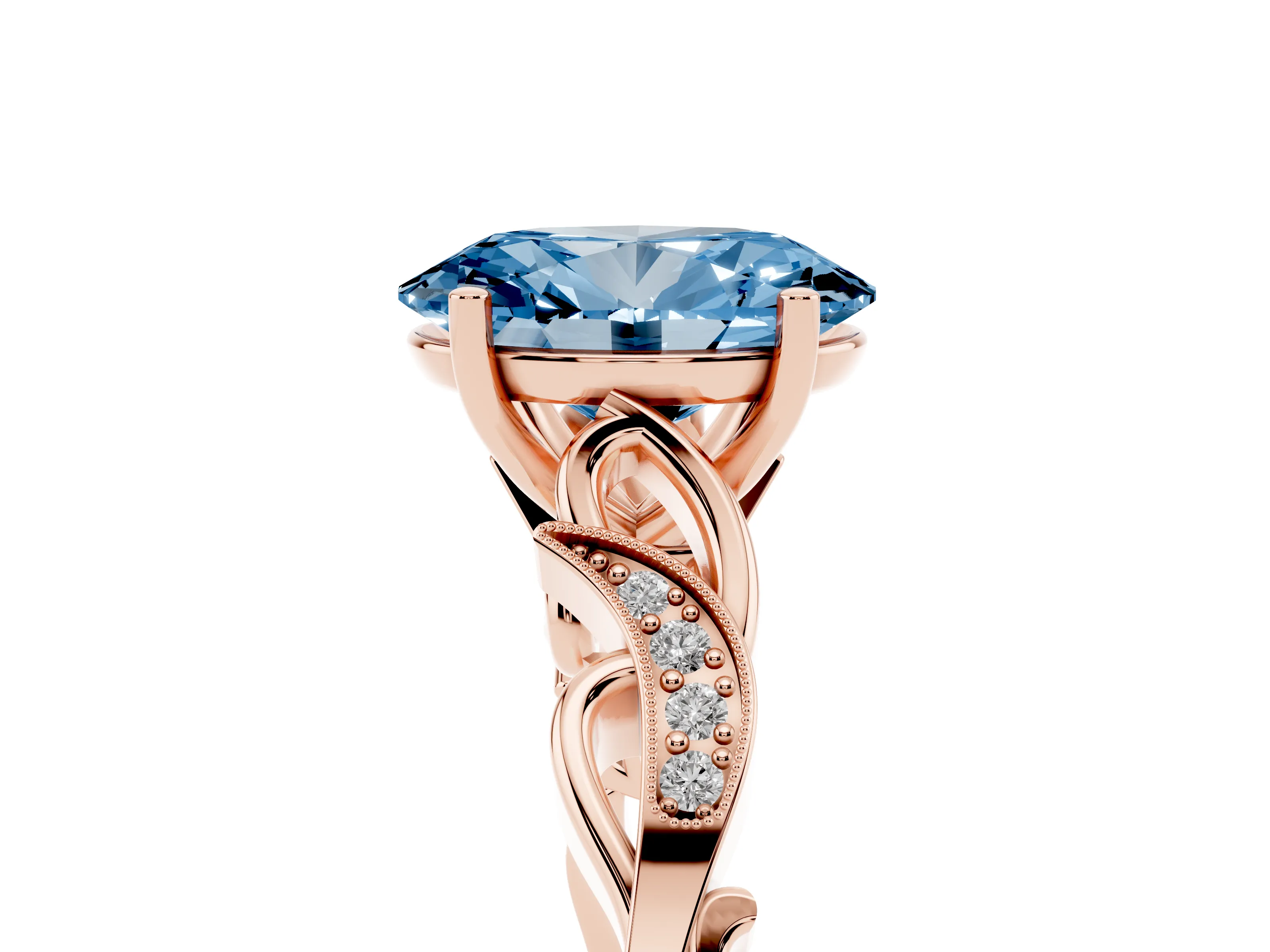 Fancy Blue Oval Cut Diamond Vine Band Solitaire Ring Set in Rose gold with Milgrain Prong Setting