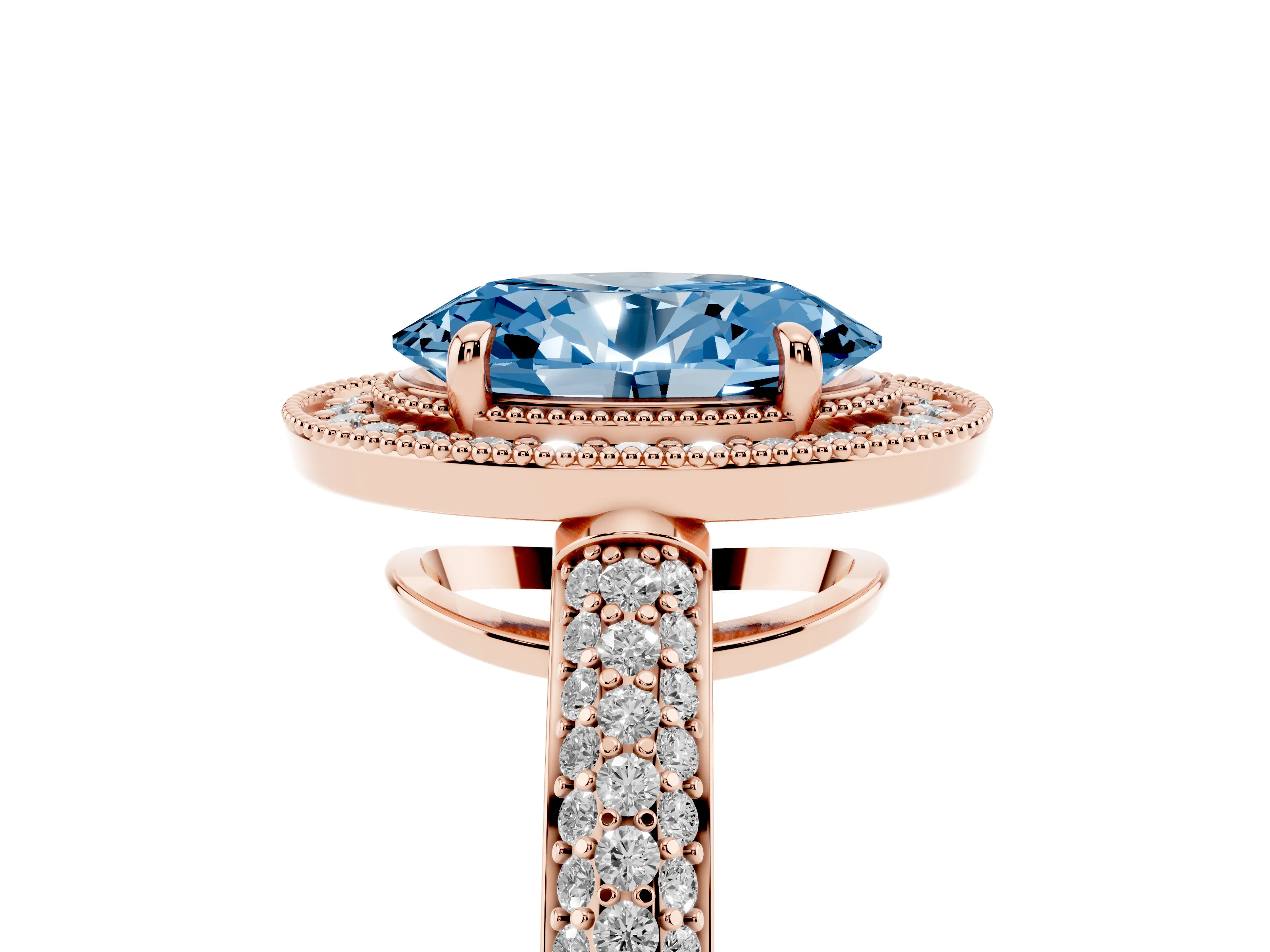 Fancy Blue Oval Cut Diamond Halo Pavé Band Set in Rose gold with Prong Setting