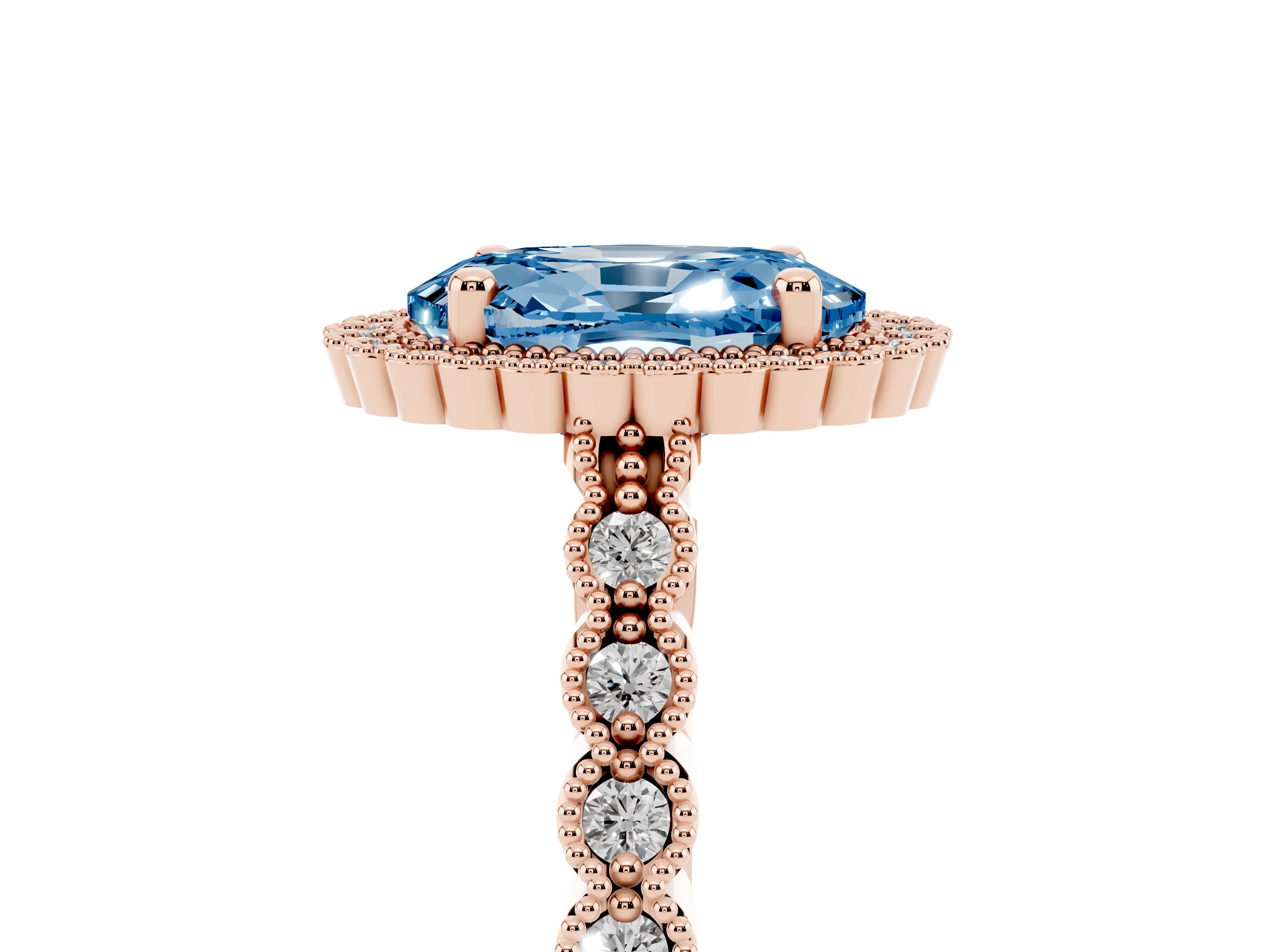 Fancy Blue Oval Cut Diamond Halo Ring Set in Rose gold with Pavé Milgrain Band