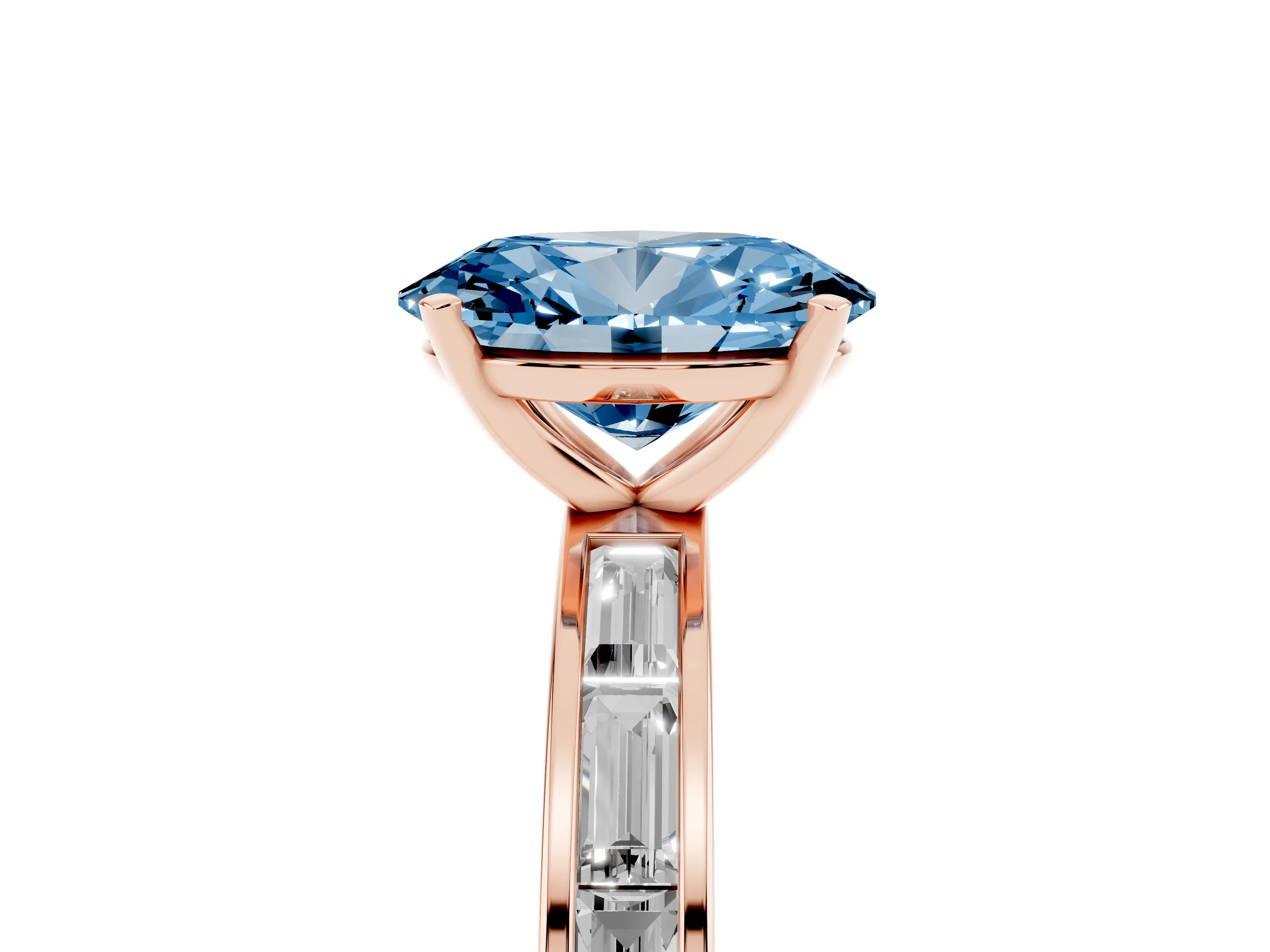 Fancy Blue Oval Cut Diamond Solitaire Ring Set in Rose gold with Channel-Set Baguette Band and Prong Setting