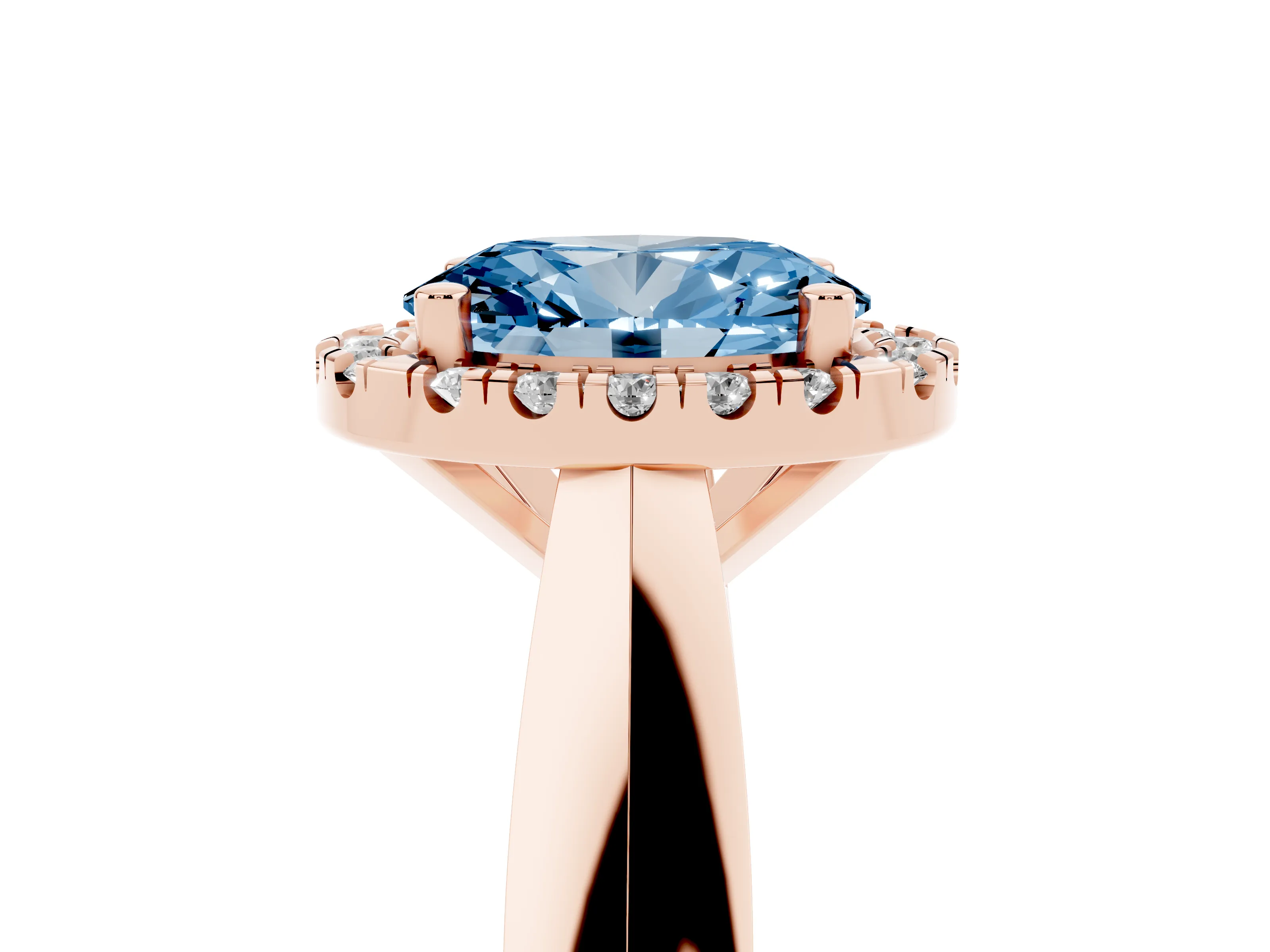 Fancy Blue Oval Cut Diamond Halo Solitaire Engagement Ring Set in Rose gold with Square Band and Prong Setting