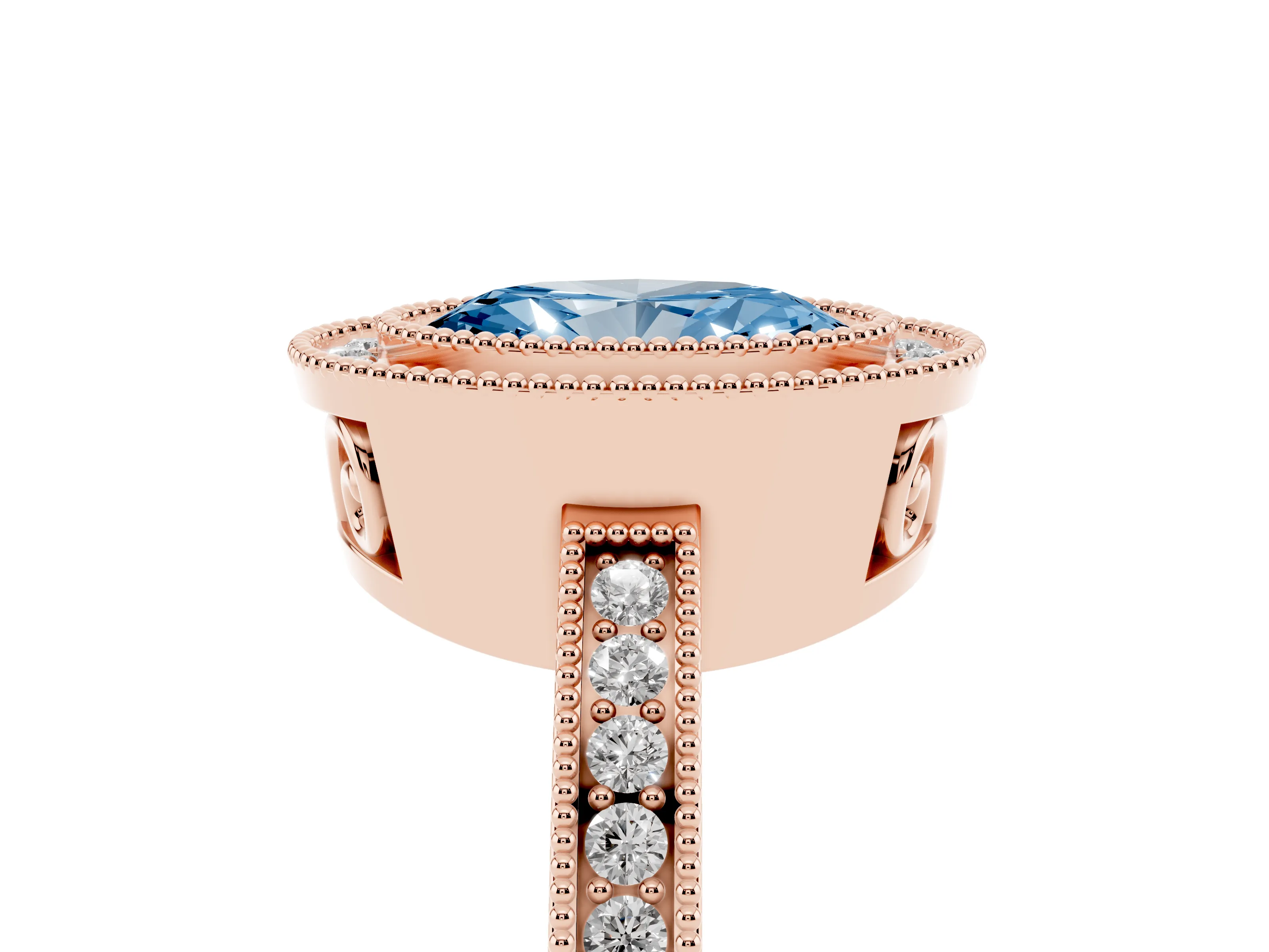 Fancy Blue Oval Cut Diamond Halo Ring Set in Rose gold with Pavé Band and Milgrain-Edged Prongs
