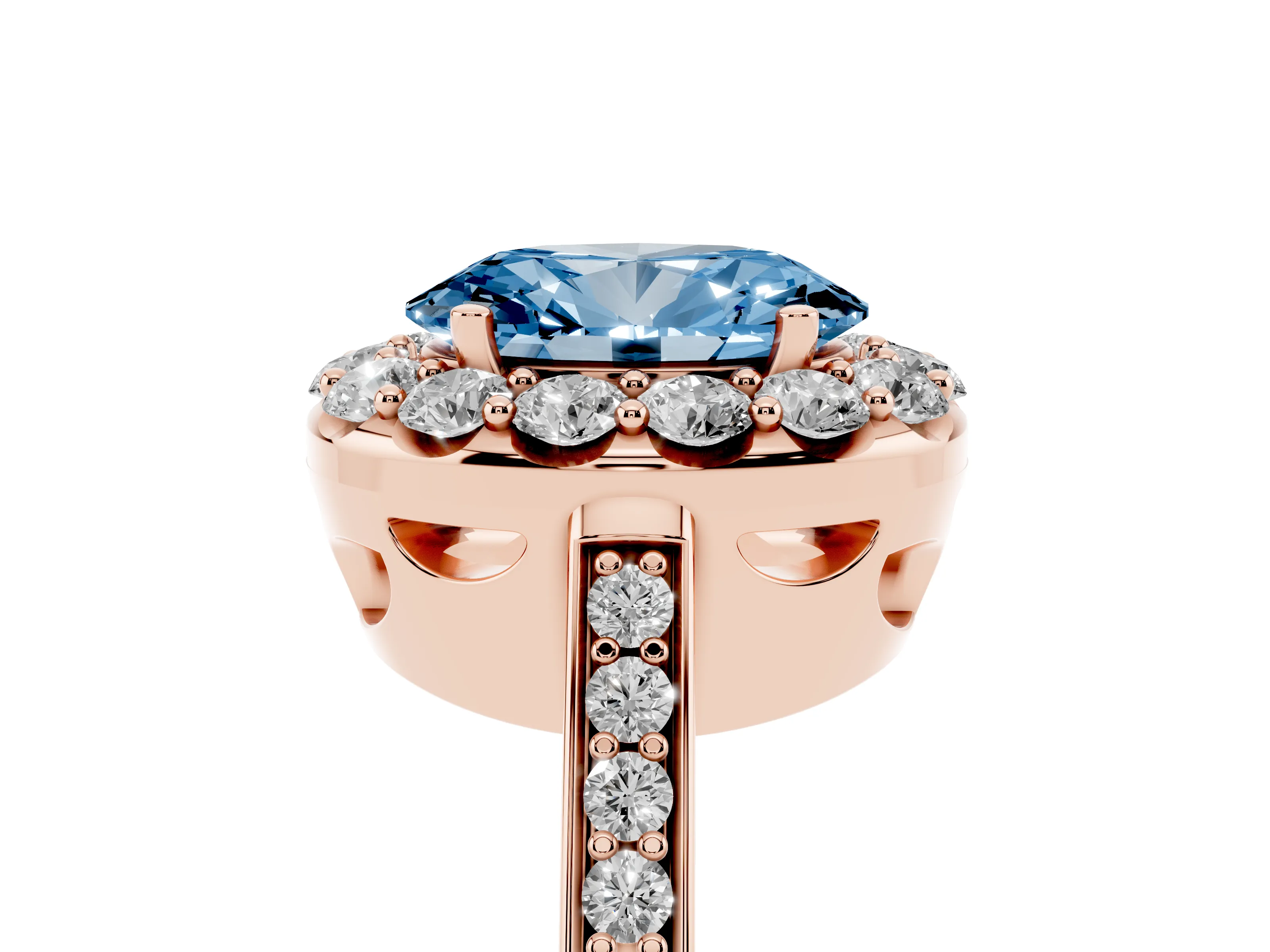 Fancy Blue Oval Cut Diamond Floral Halo Ring Set in Rose gold with Pavé Band and Prong Setting