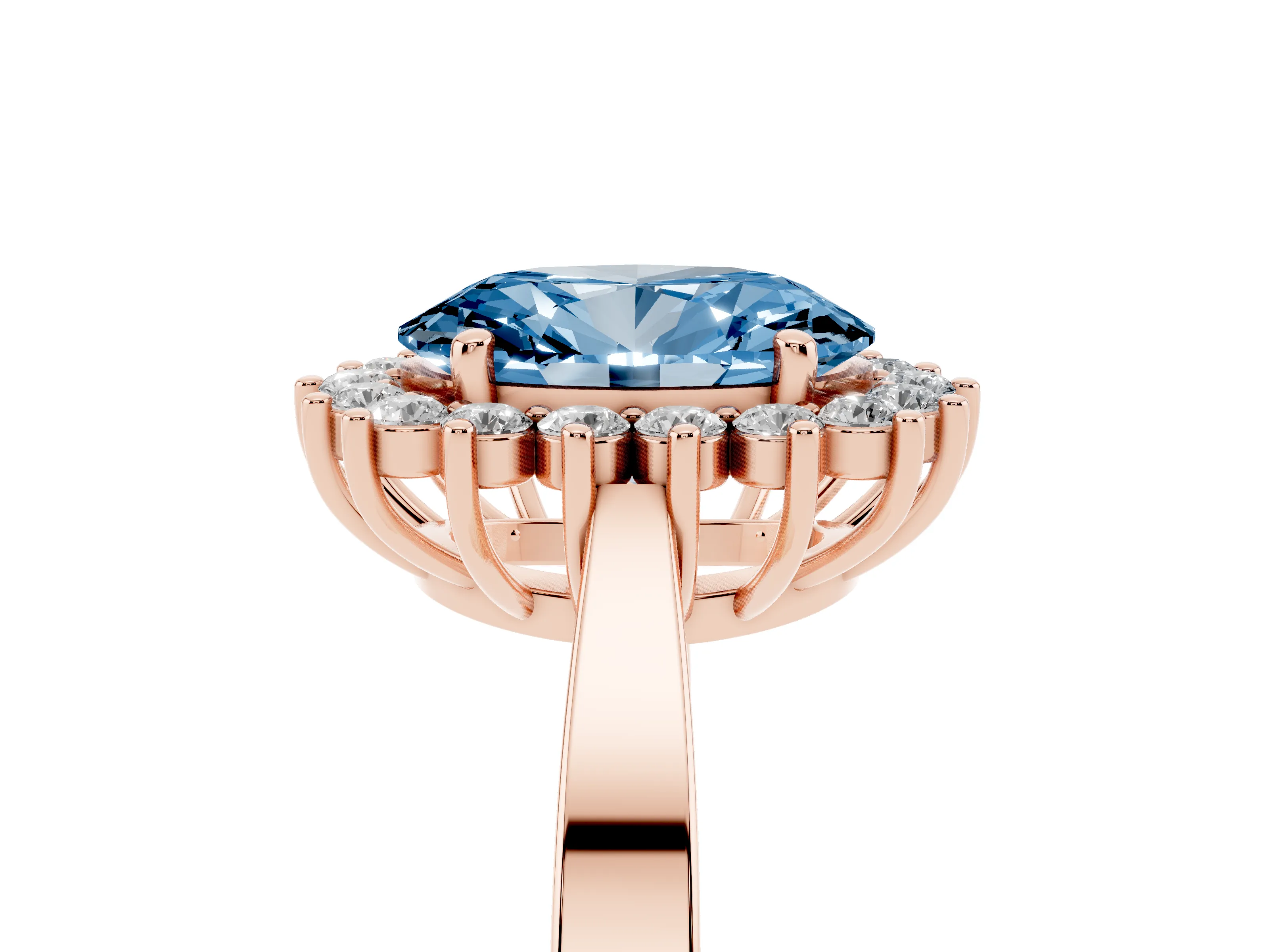 Fancy Blue Oval Cut Diamond Halo Ring Set in Rose gold with Round Halo and Smooth Solitaire Band