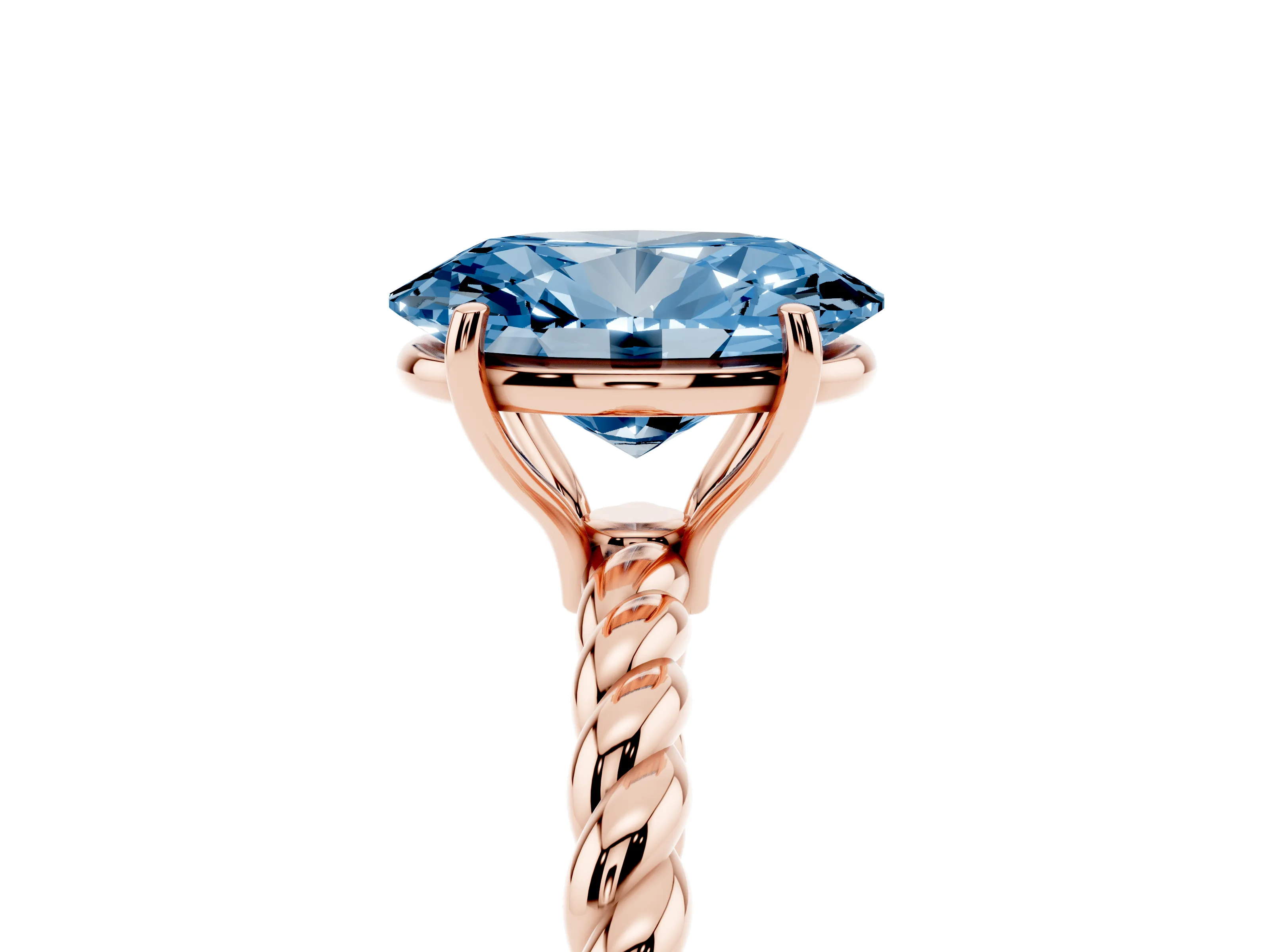 Fancy Blue Oval Cut Diamond Solitaire Ring Set in Rose gold with Twist Band and Prong Setting