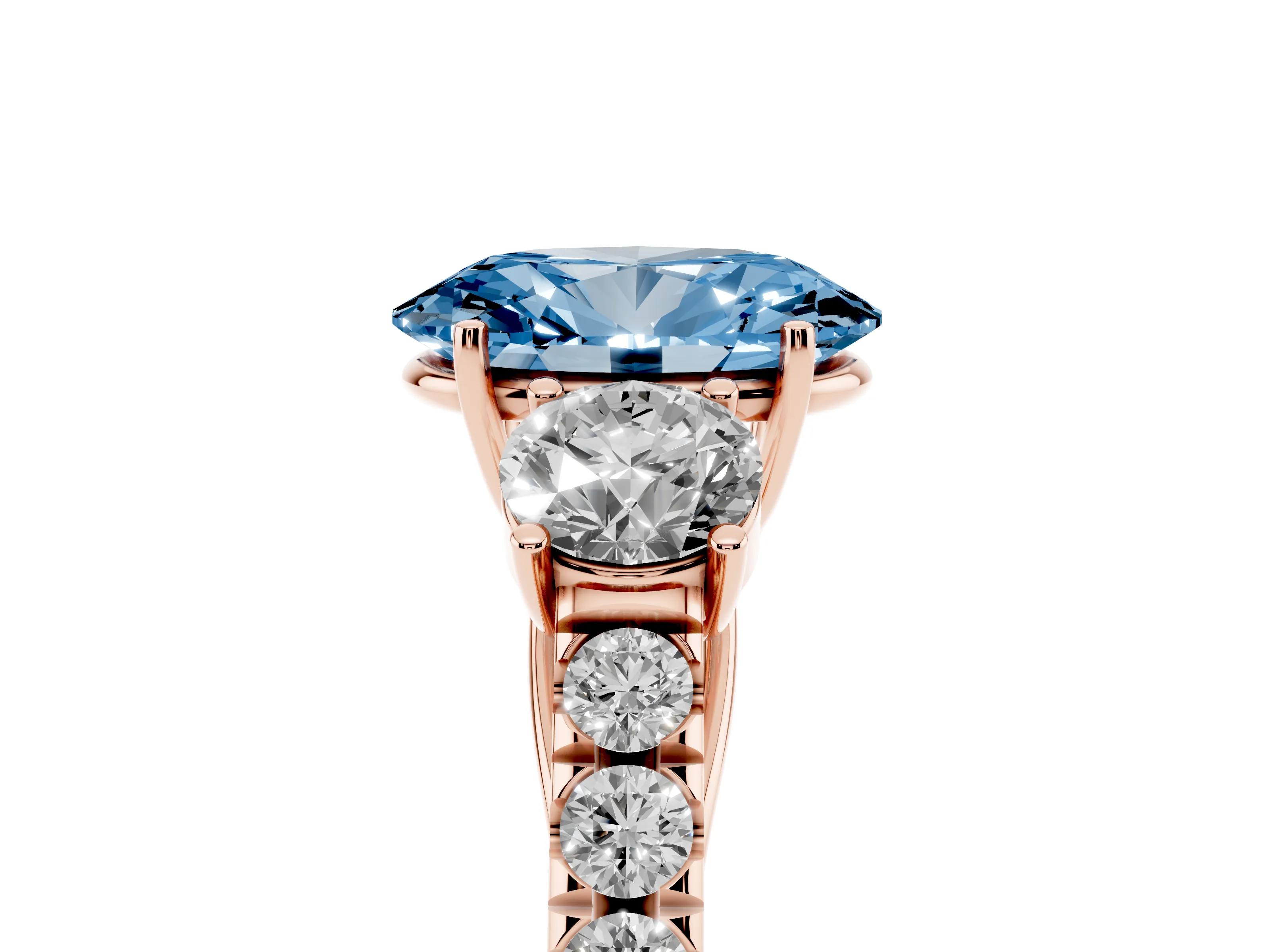 Fancy Blue Oval Cut Diamond Three-Stone Ring Set in Rose gold with Round Side Stones and Delicate Pavé Band