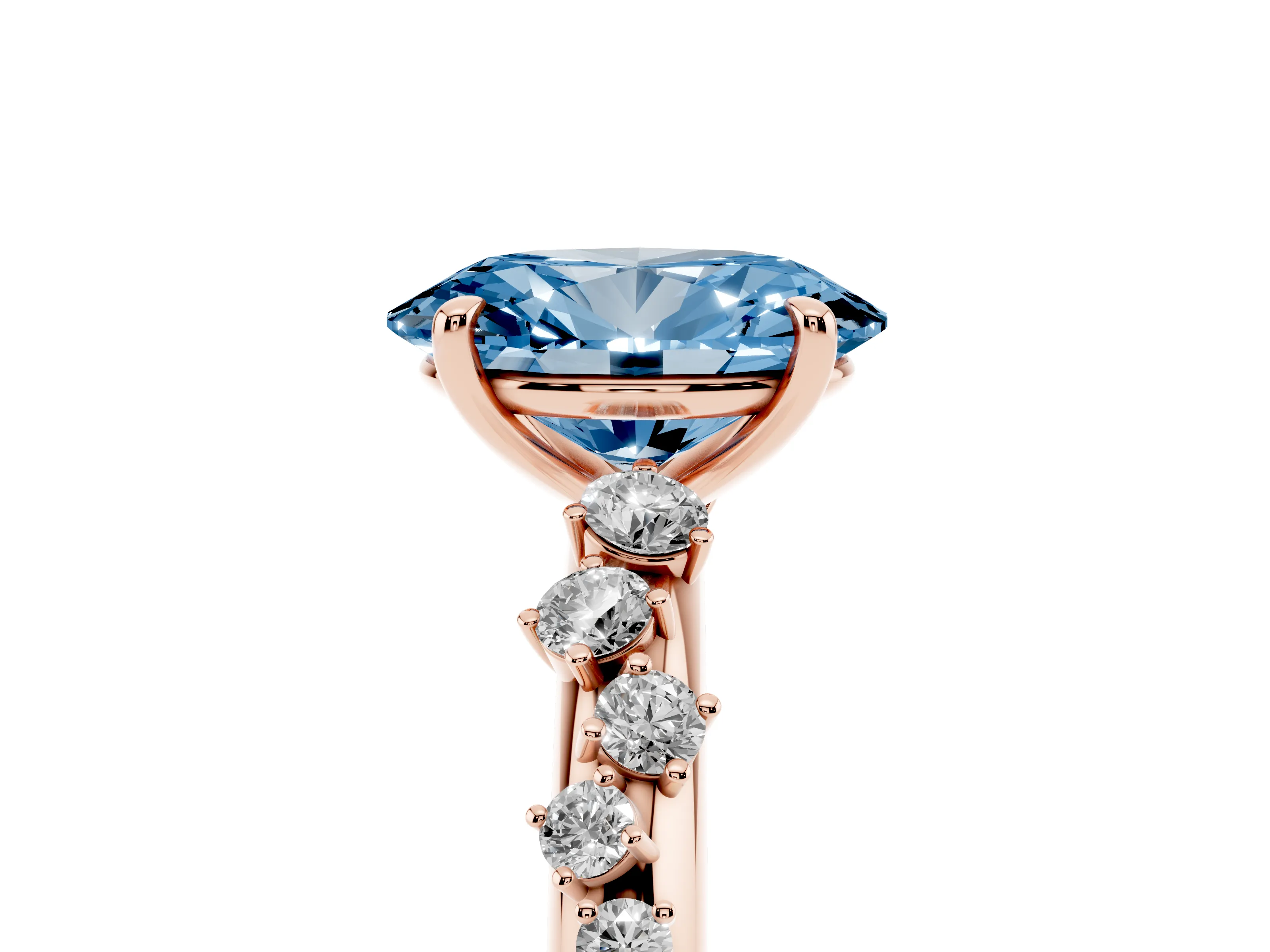 Fancy Blue Oval Cut Diamond Cluster Solitaire Ring Set in Rose gold with Prong Setting