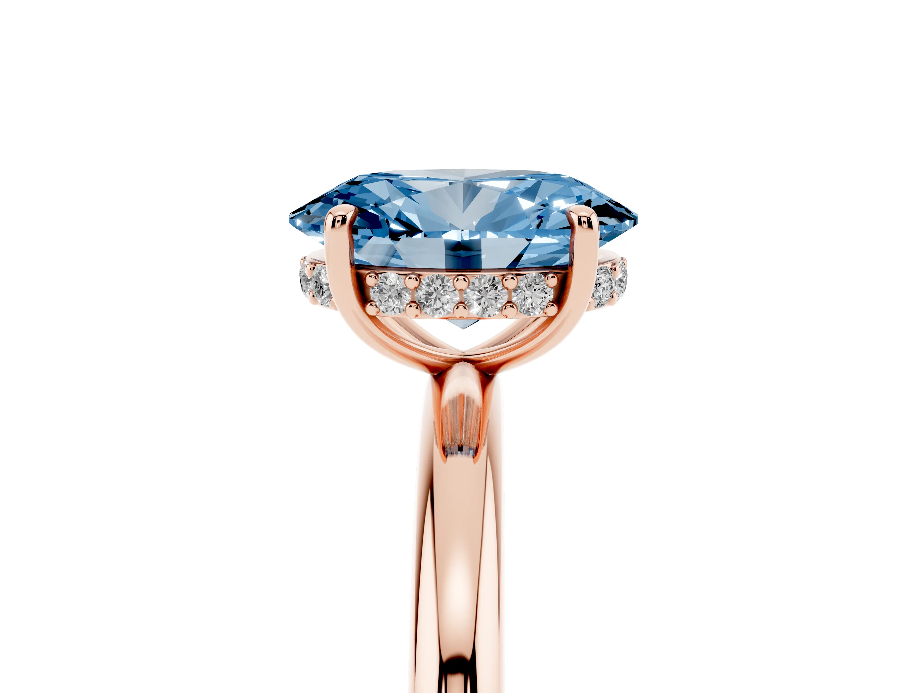 Fancy Blue Oval Cut Diamond Solitaire Ring Set in Rose gold with Thin Band and Prong Setting