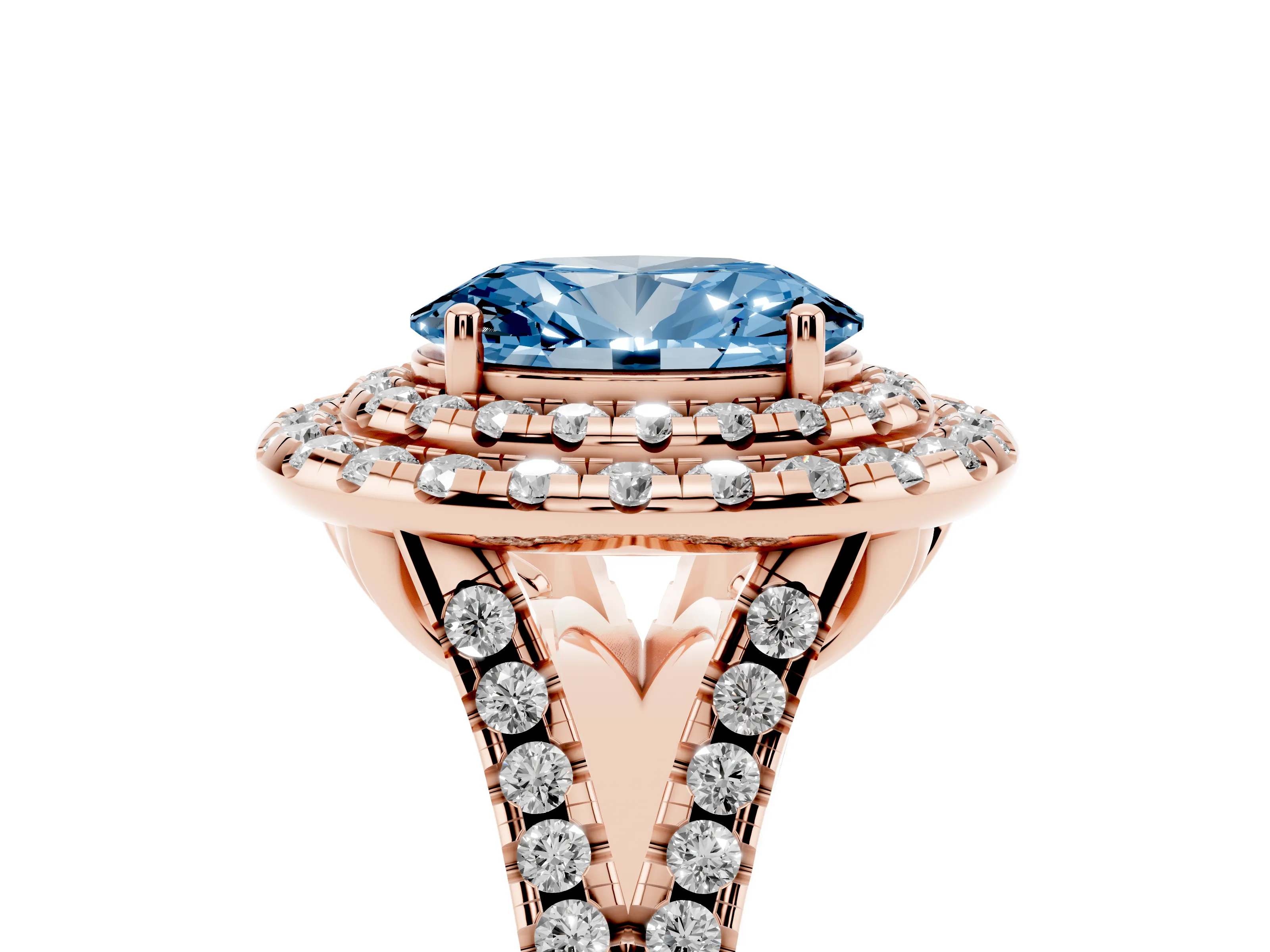 Fancy Blue Oval Cut Diamond Double Halo Ring Set in Rose gold with Pavé Split Shank and Prong Setting