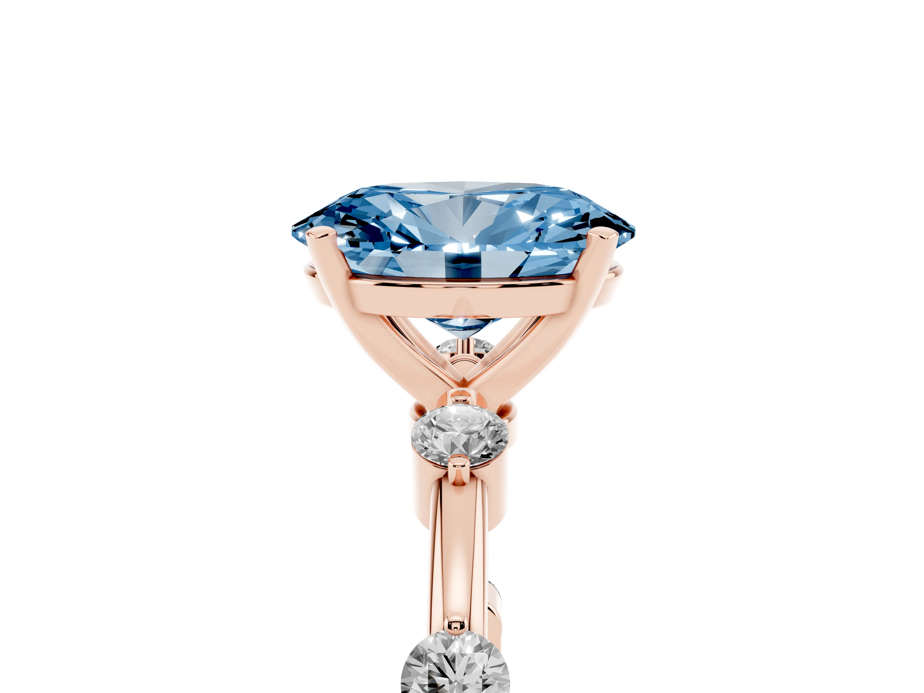 Fancy Blue Oval Cut Diamond Solitaire Ring Set in Rose gold with Bezel Set Side Stones and Prong Setting