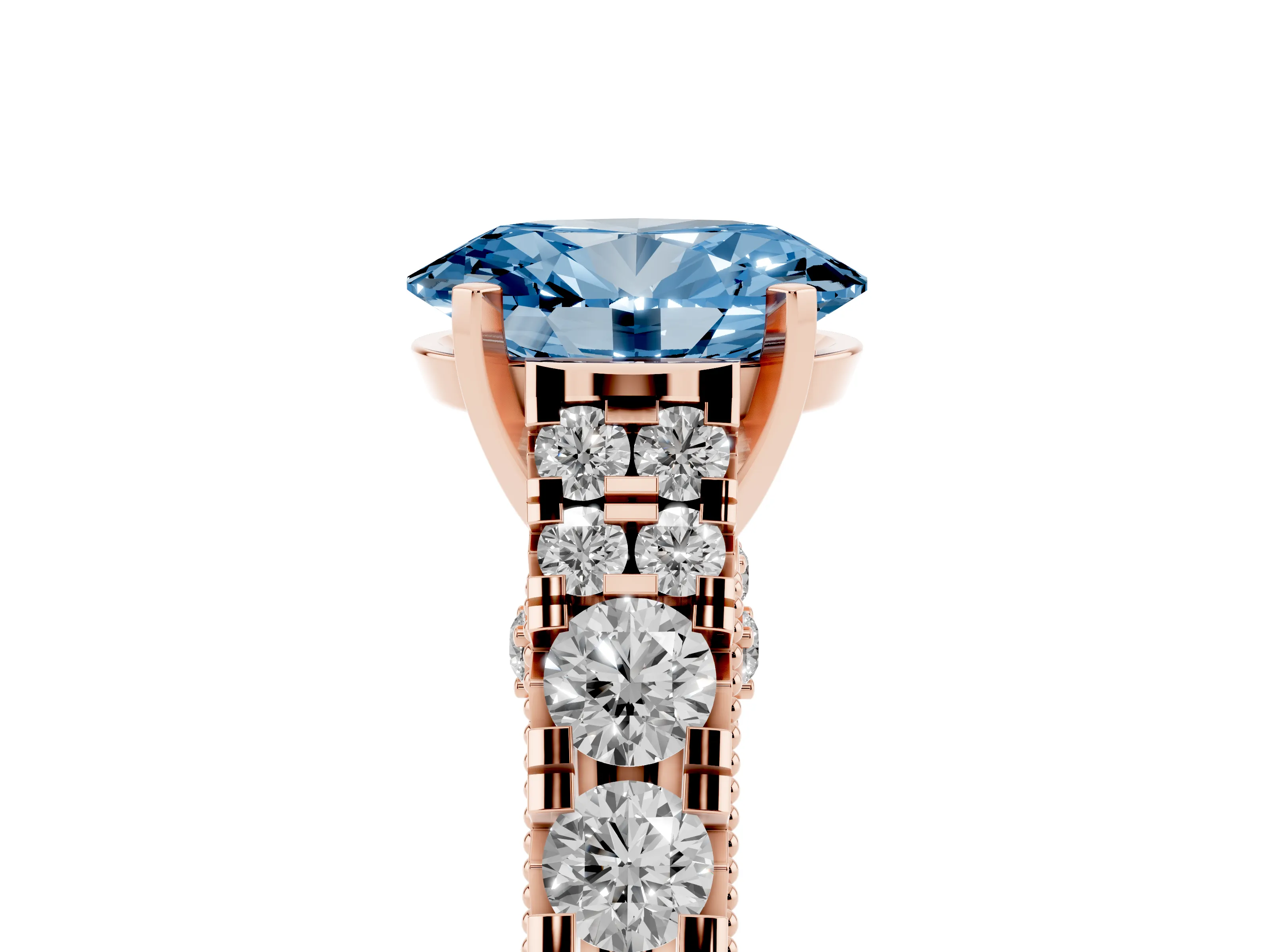 Fancy Blue Oval Cut Diamond Classic Solitaire Ring Set in Rose gold with Pavé Band and Prong Setting