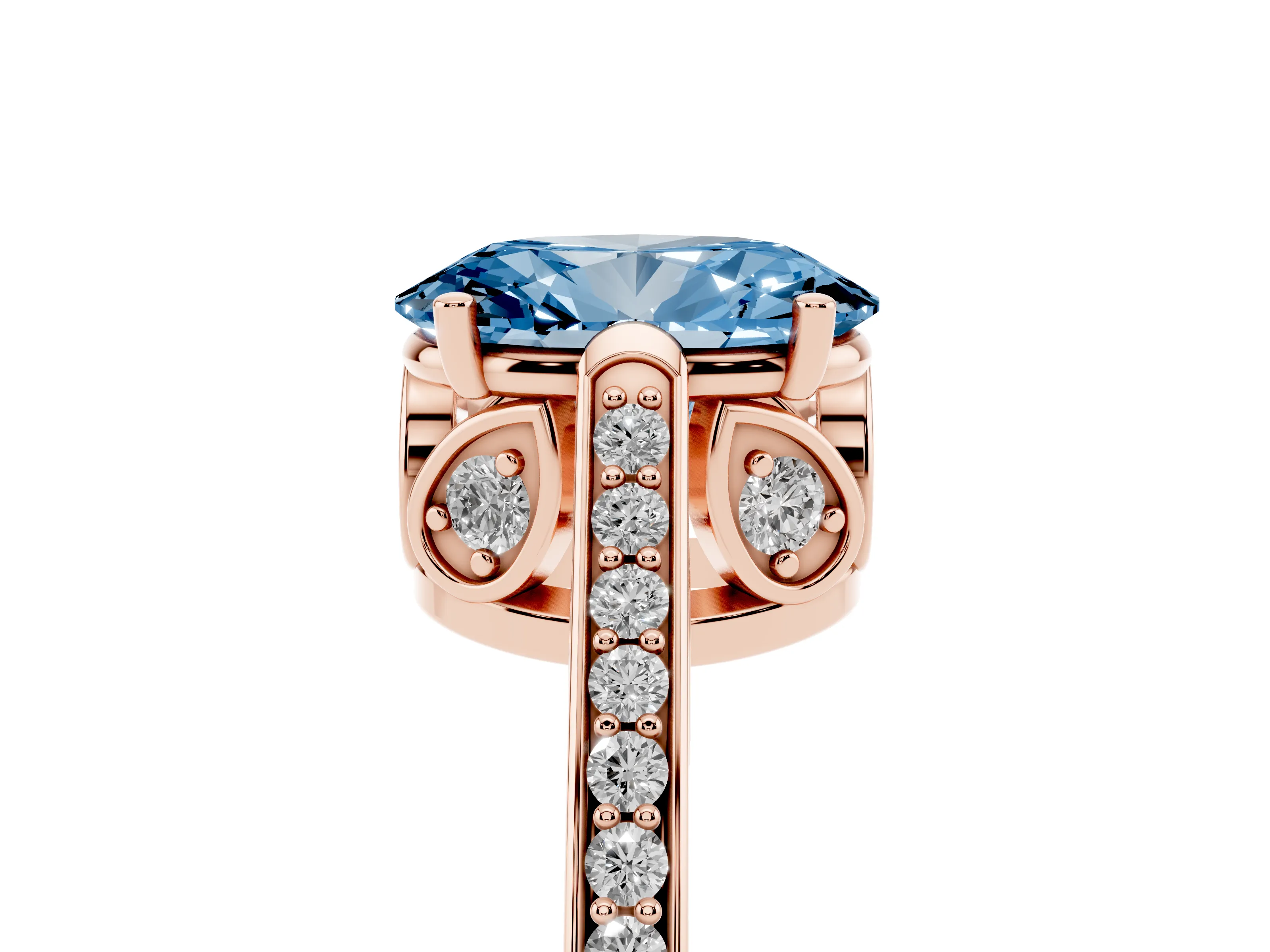 Fancy Blue Oval Cut Diamond Cathedral Pavé Engagement Ring Set in Rose gold with Prong Setting