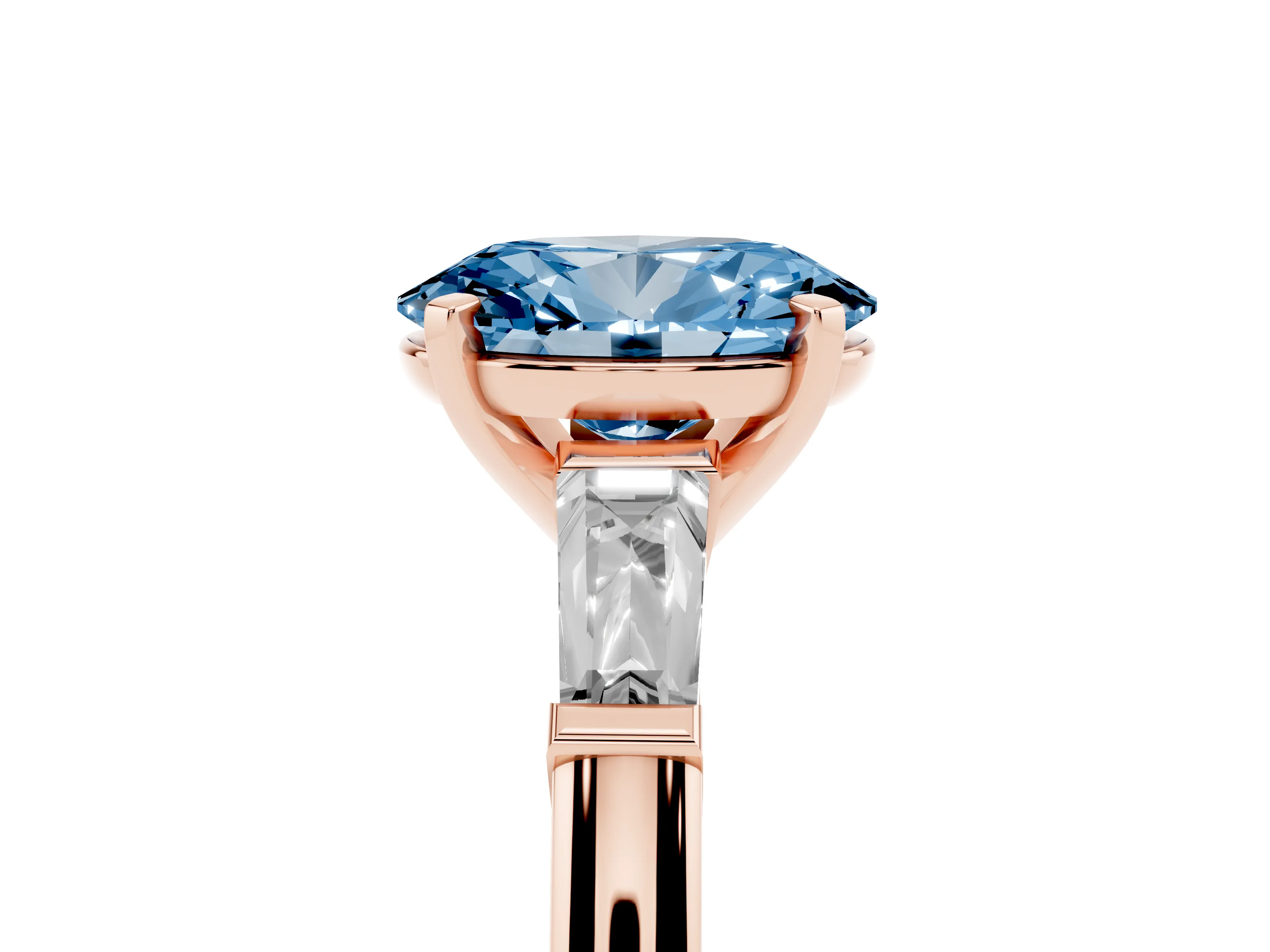 Fancy Blue Oval Cut Diamond Solitaire Ring Set in Rose gold with Tapered Baguette Side Stones and Prong Setting