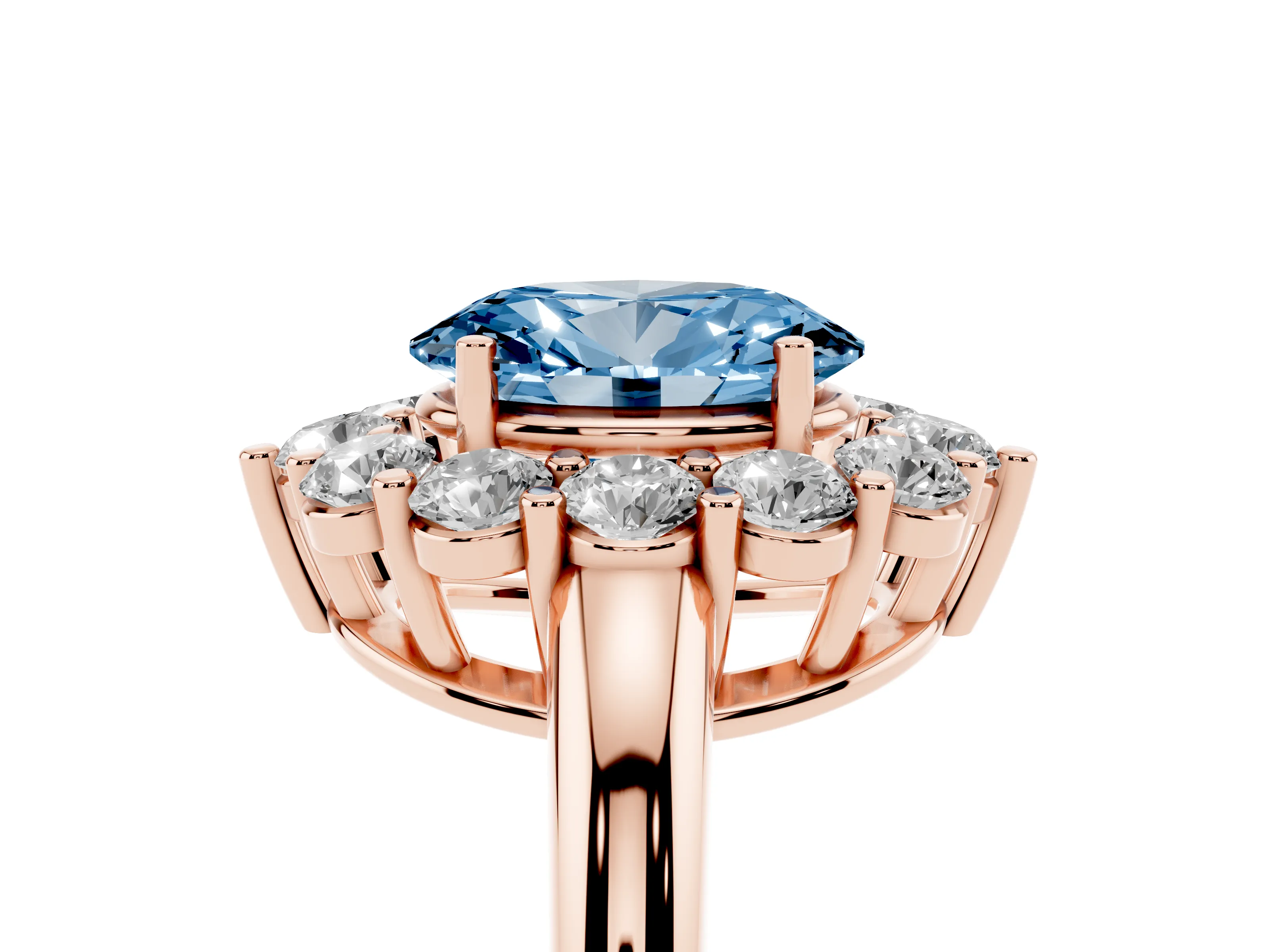 Fancy Blue Oval Cut Diamond Halo Cluster Engagement Ring Set in Rose gold with Polished Band and Prong Setting