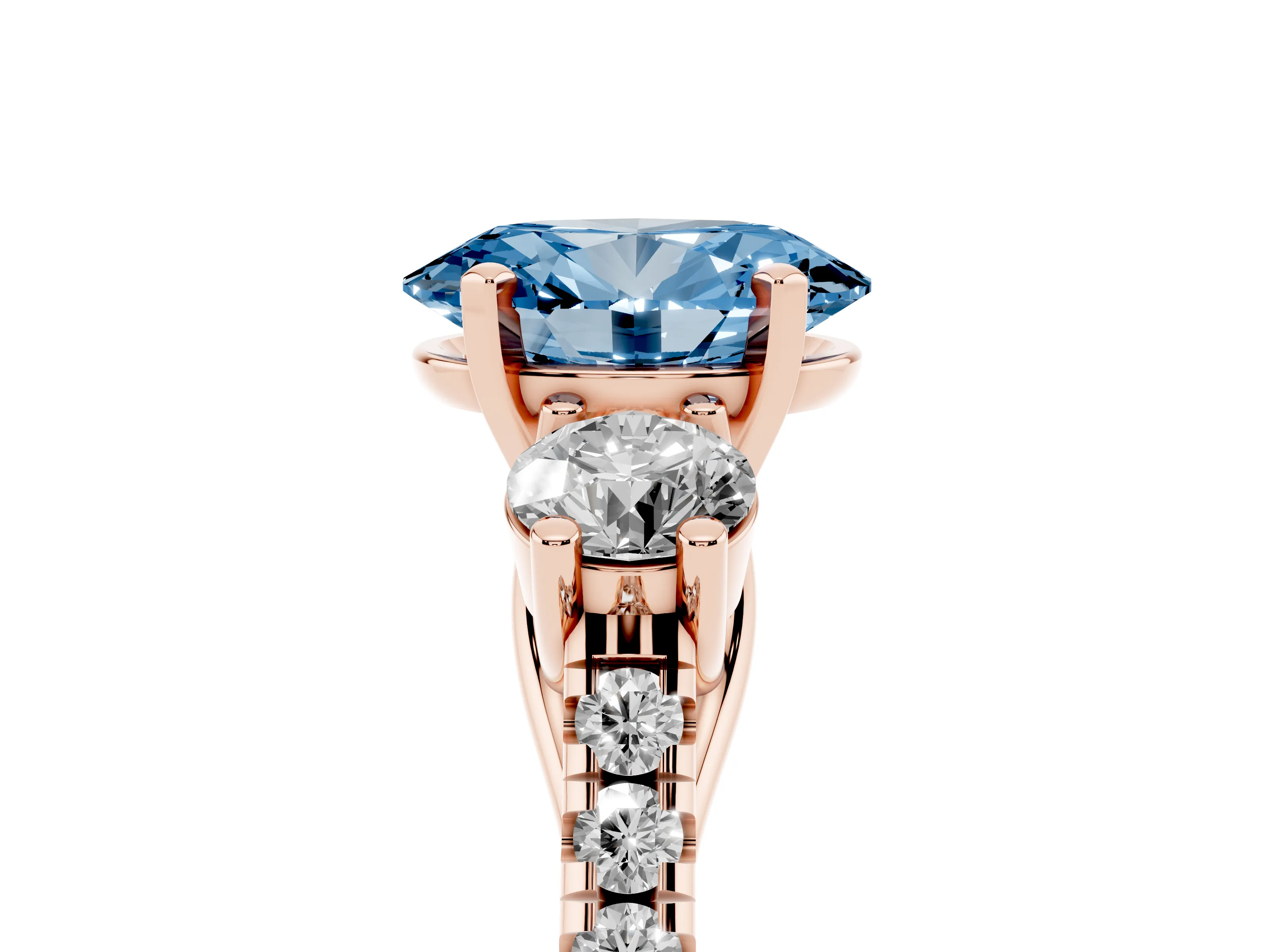 Fancy Blue Three-Stone Oval Cut Diamond Pavé Band Ring Set in Rose gold with Prong-Set Trio