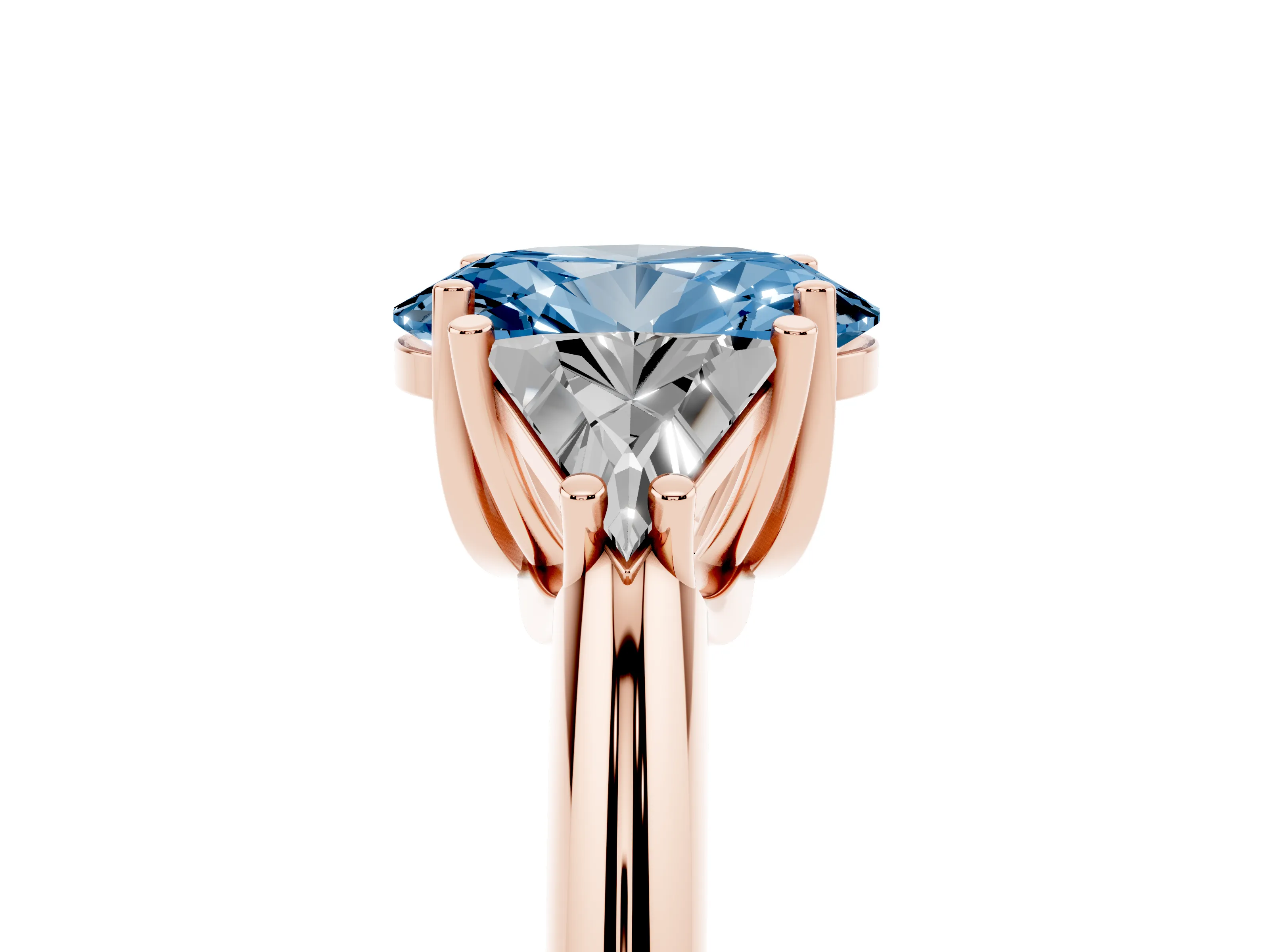 Fancy Blue Oval Cut Diamond Three-Stone Engagement Ring Set in Rose gold with Trillion Side Stones