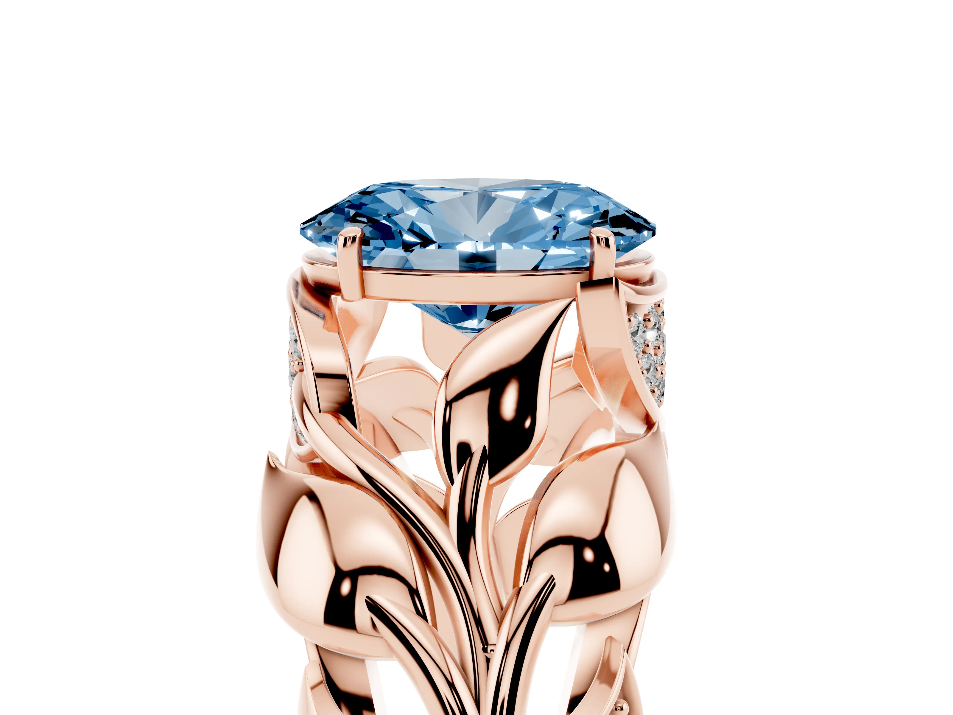 Fancy Blue Oval Cut Diamond Leaf-Inspired Engagement Ring Set in Rose gold with Round Accents