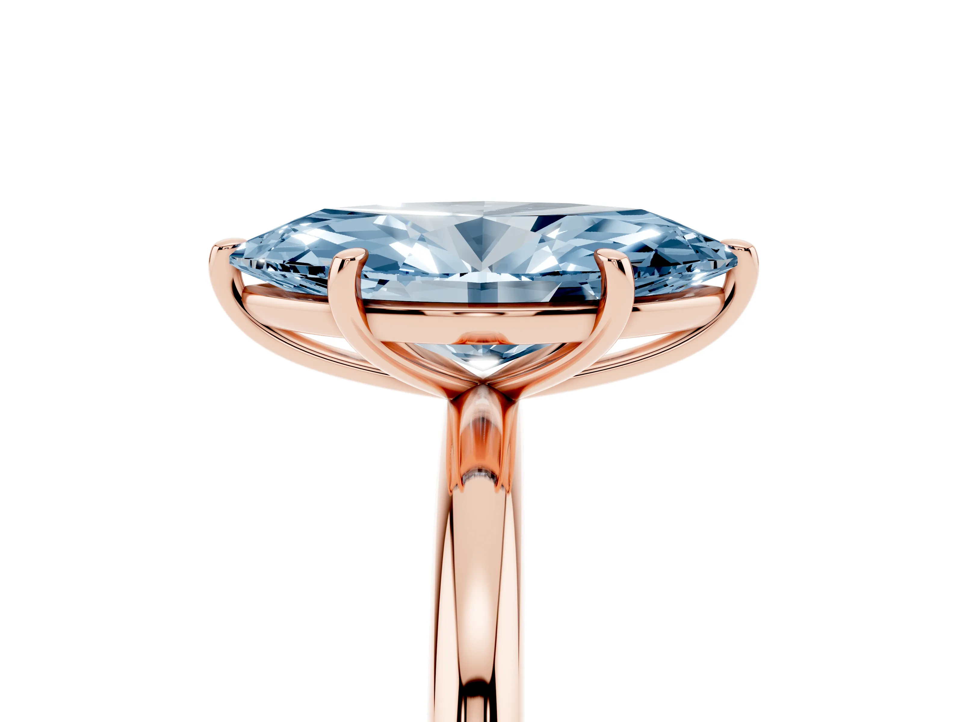 Fancy Blue Oval Cut Diamond Solitaire Ring Set in Rose gold with Prong Setting on a Polished Plain Band