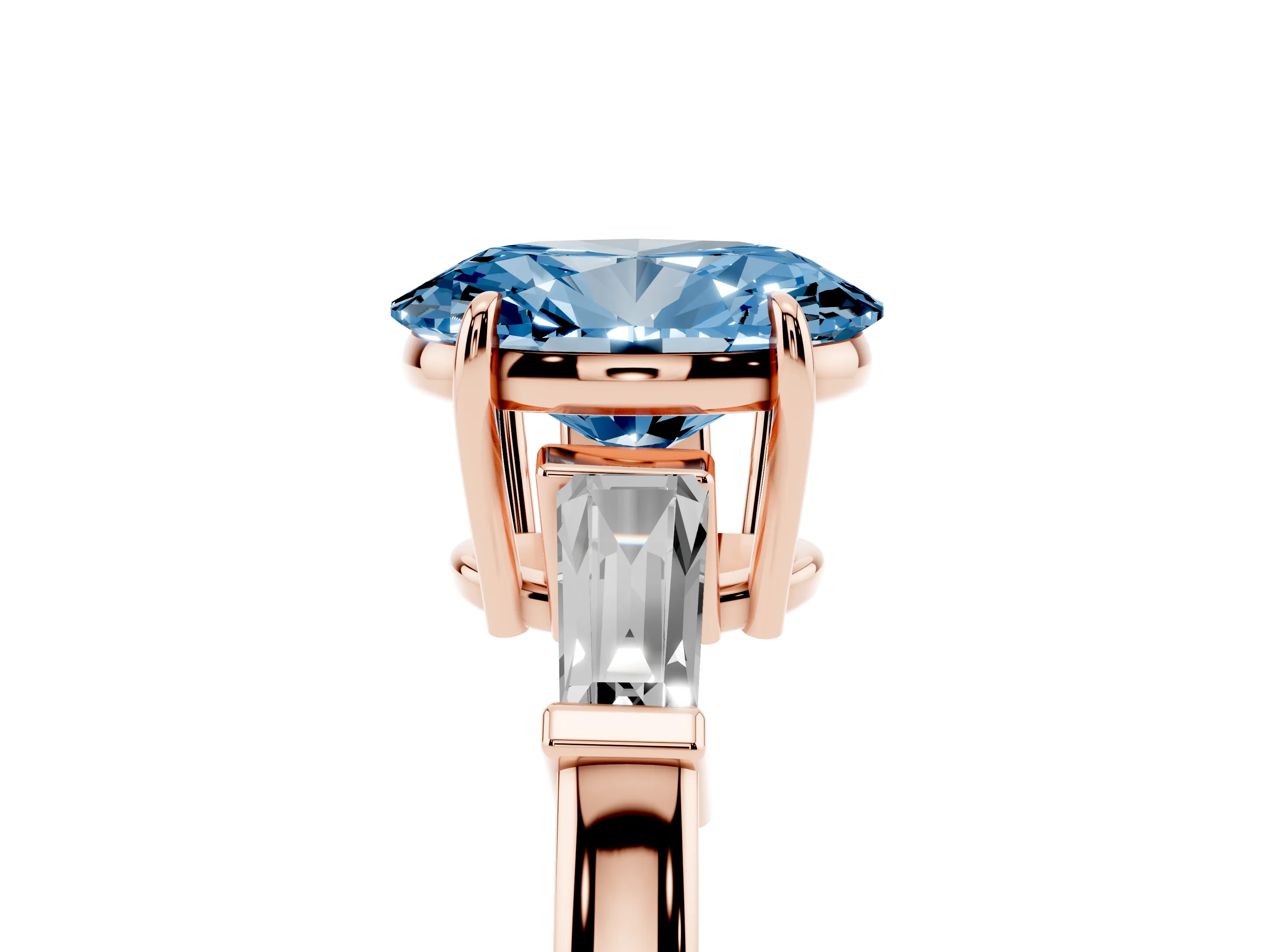 Fancy Blue Oval Cut Diamond Three-Stone Ring Set in Rose gold with Tapered Baguette Side Stones and Prong Setting