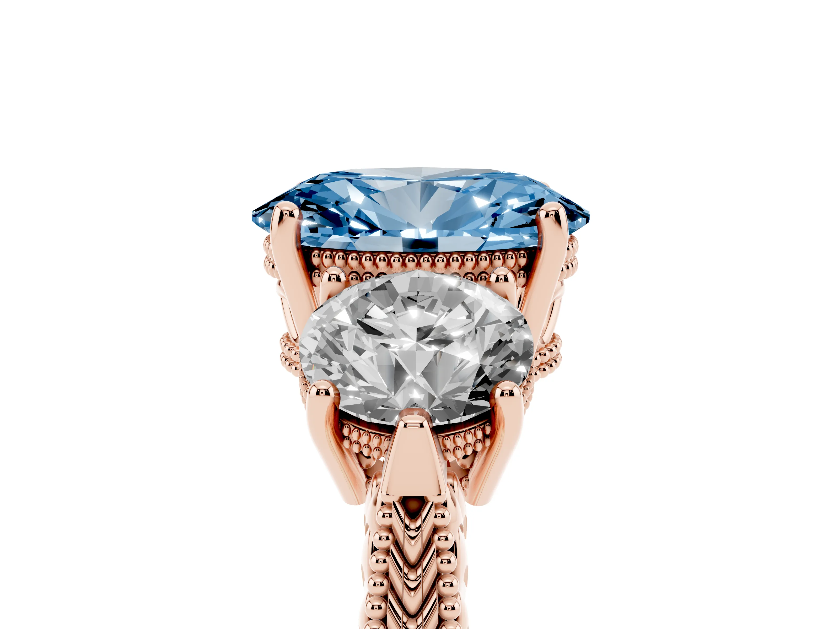 Fancy Blue Oval Cut Diamond Three-Stone Ring Set in Rose gold with Milgrain Band