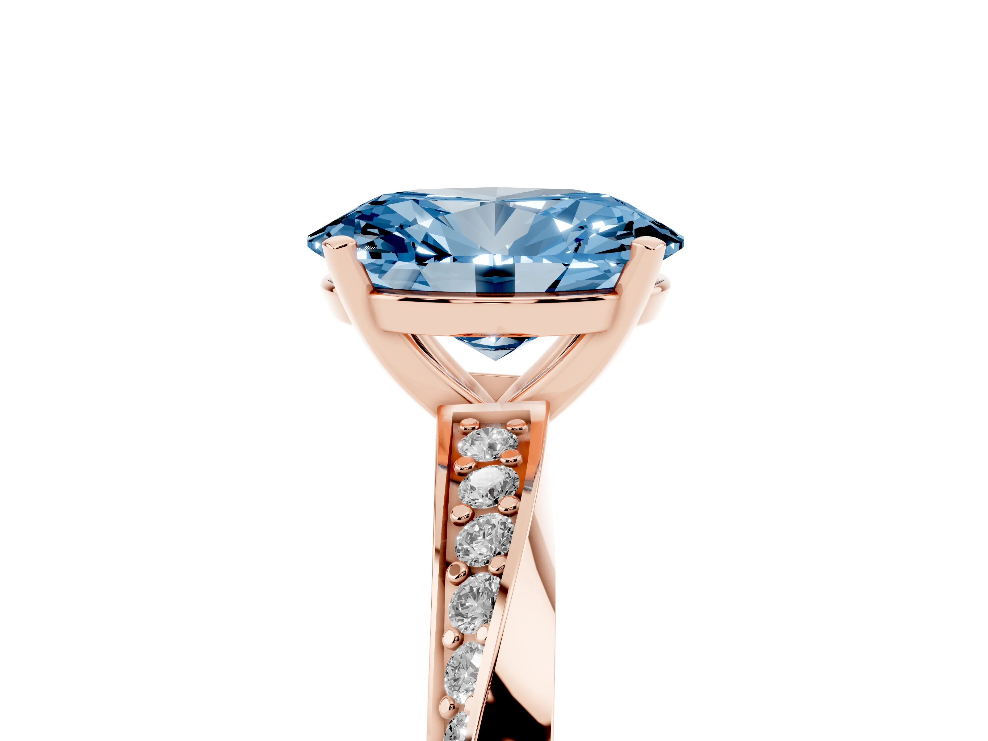 Fancy Blue Oval Cut Diamond Engagement Ring Set in Rose gold with Side Stone Accents and Prong Setting