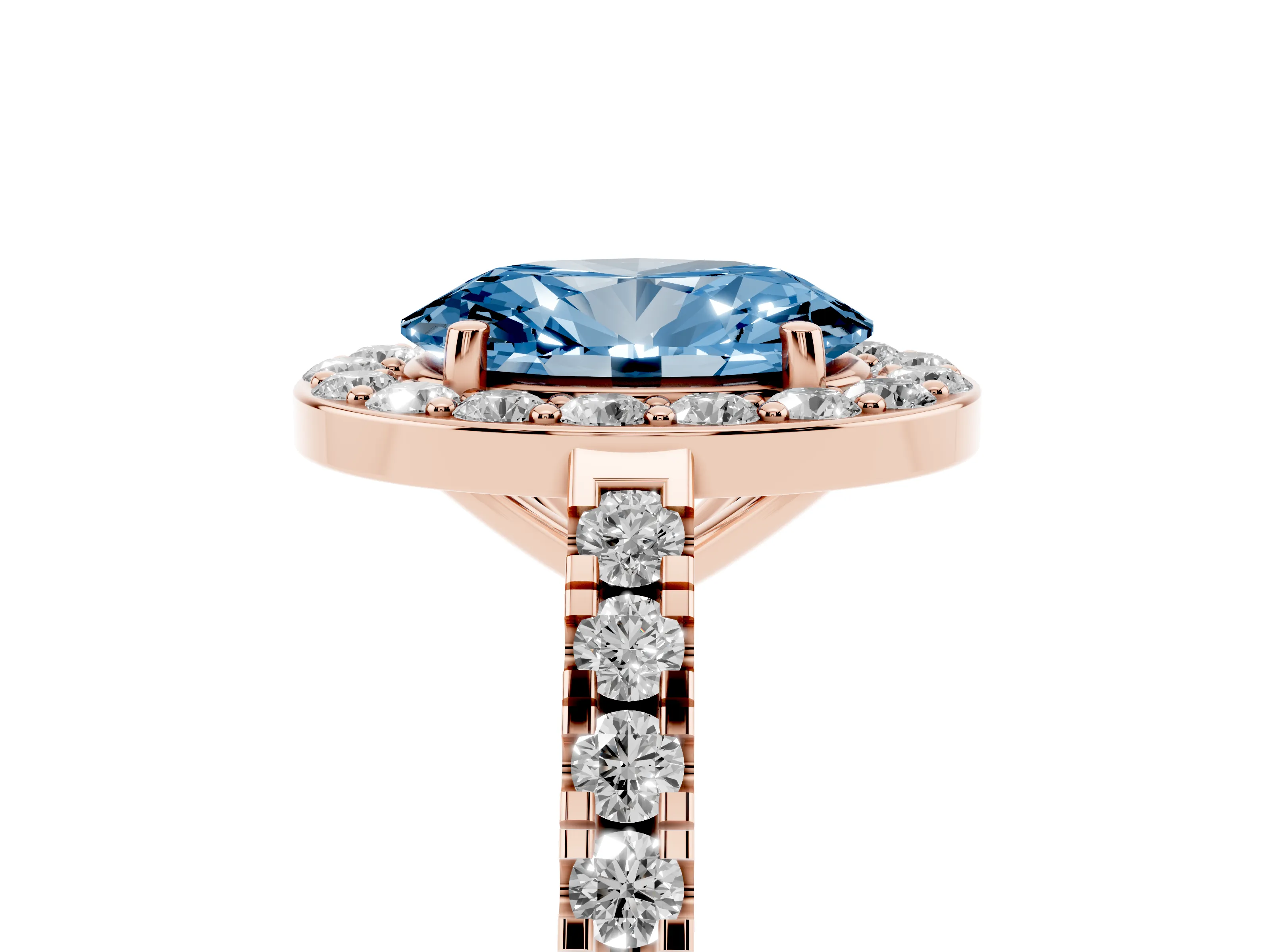 Fancy Blue Oval Cut Diamond Halo Ring Set in Rose gold with Round Pavé Split Shank and Prong Setting