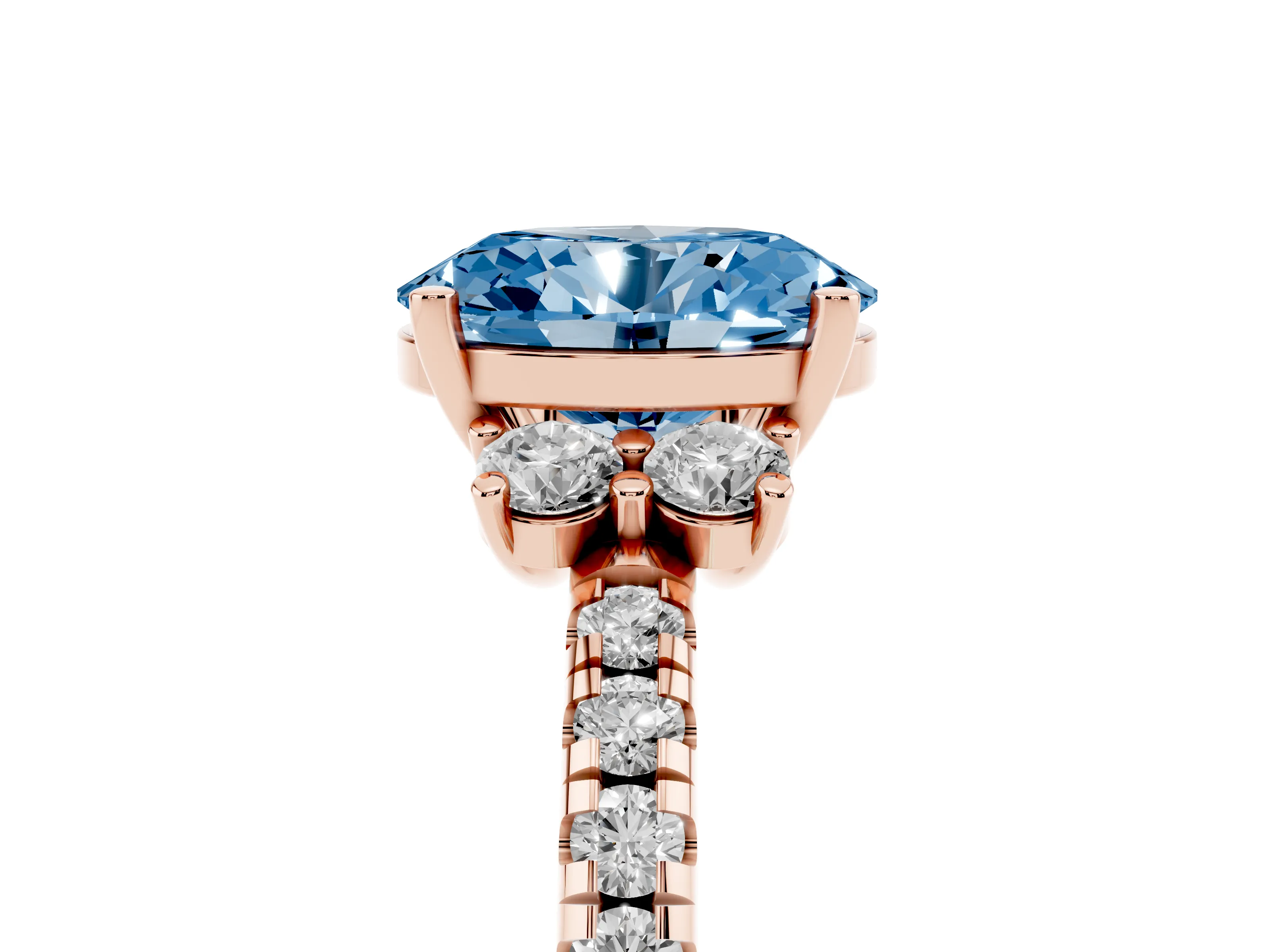 Fancy Blue Oval Cut Diamond Three-Stone Pavé Ring Set in Rose gold with Prong Setting
