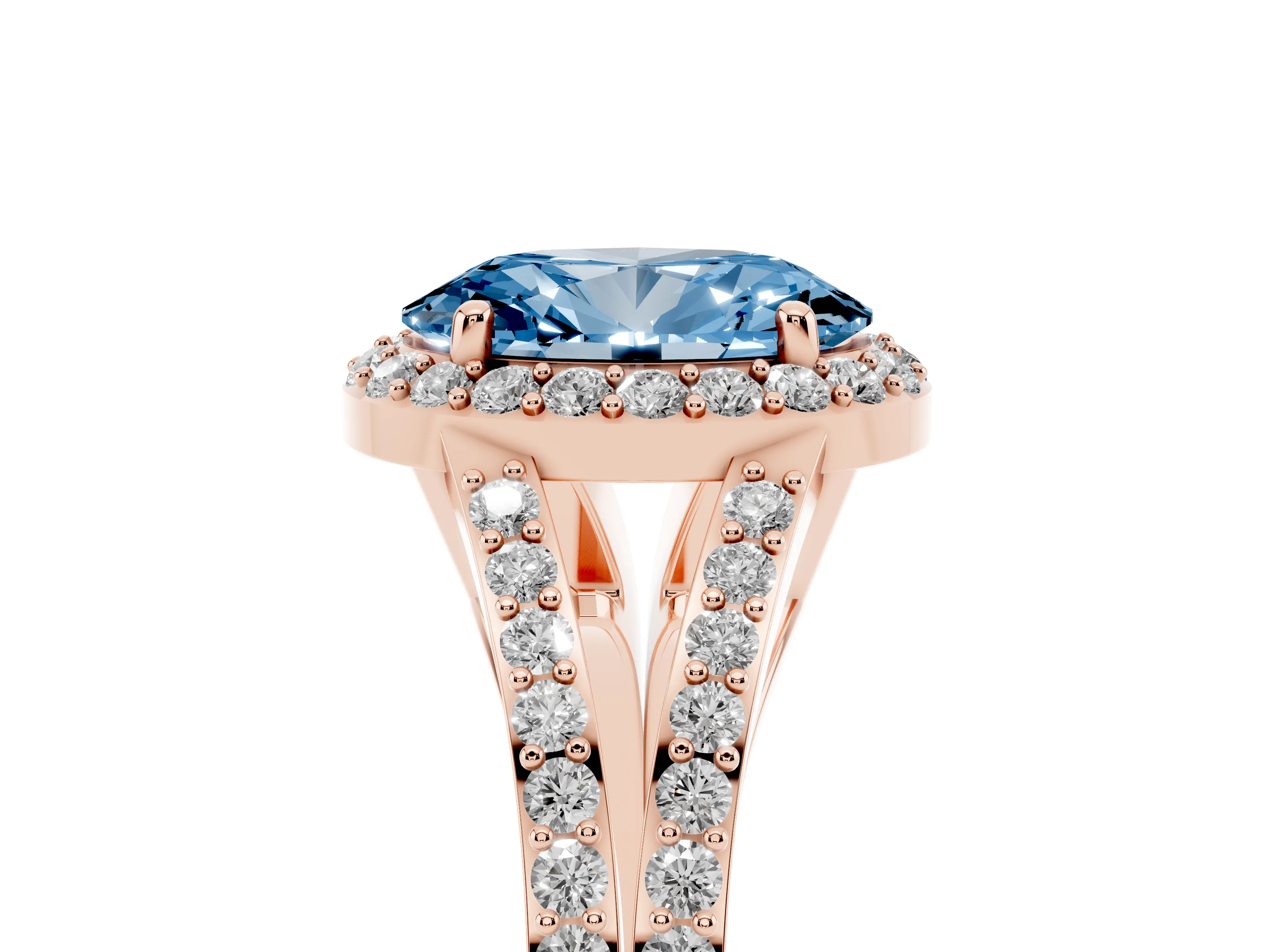 Fancy Blue Oval Cut Diamond Halo Split Shank Ring Set in Rose gold with Accent Stones and Prong Setting