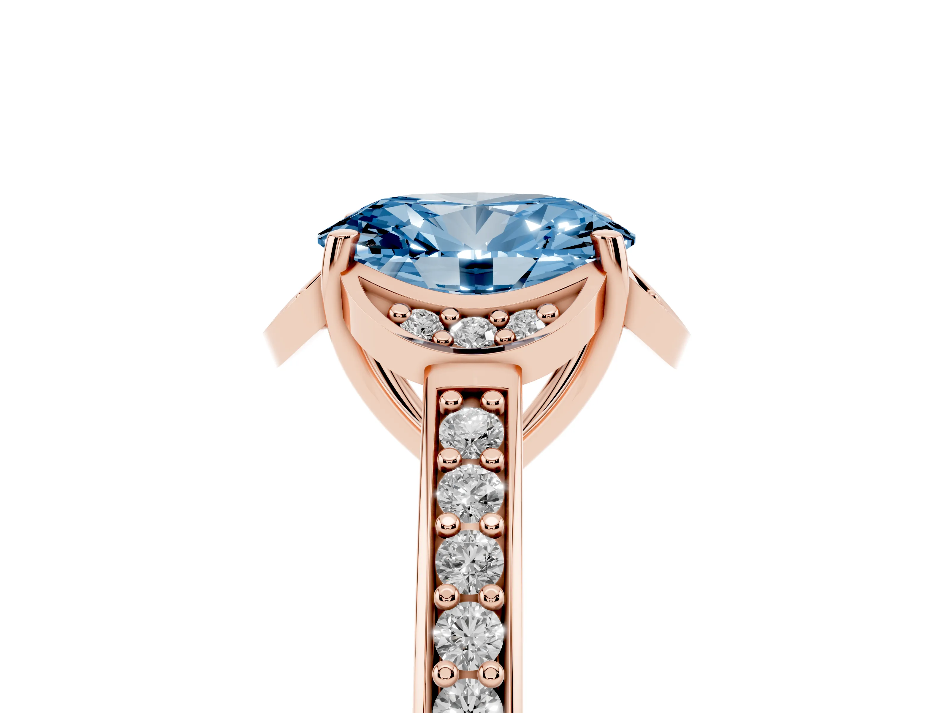 Fancy Blue Oval Cut Diamond Halo Ring Set in Rose gold with Channel Set Band and Prong Setting