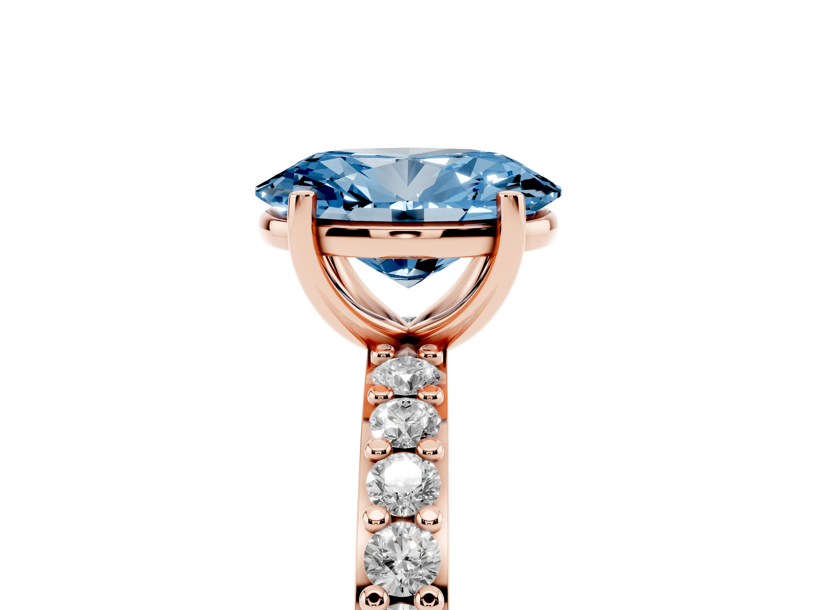 Fancy Blue Oval Cut Diamond Solitaire Set in Rose gold with Round Pavé Band and Prong Setting