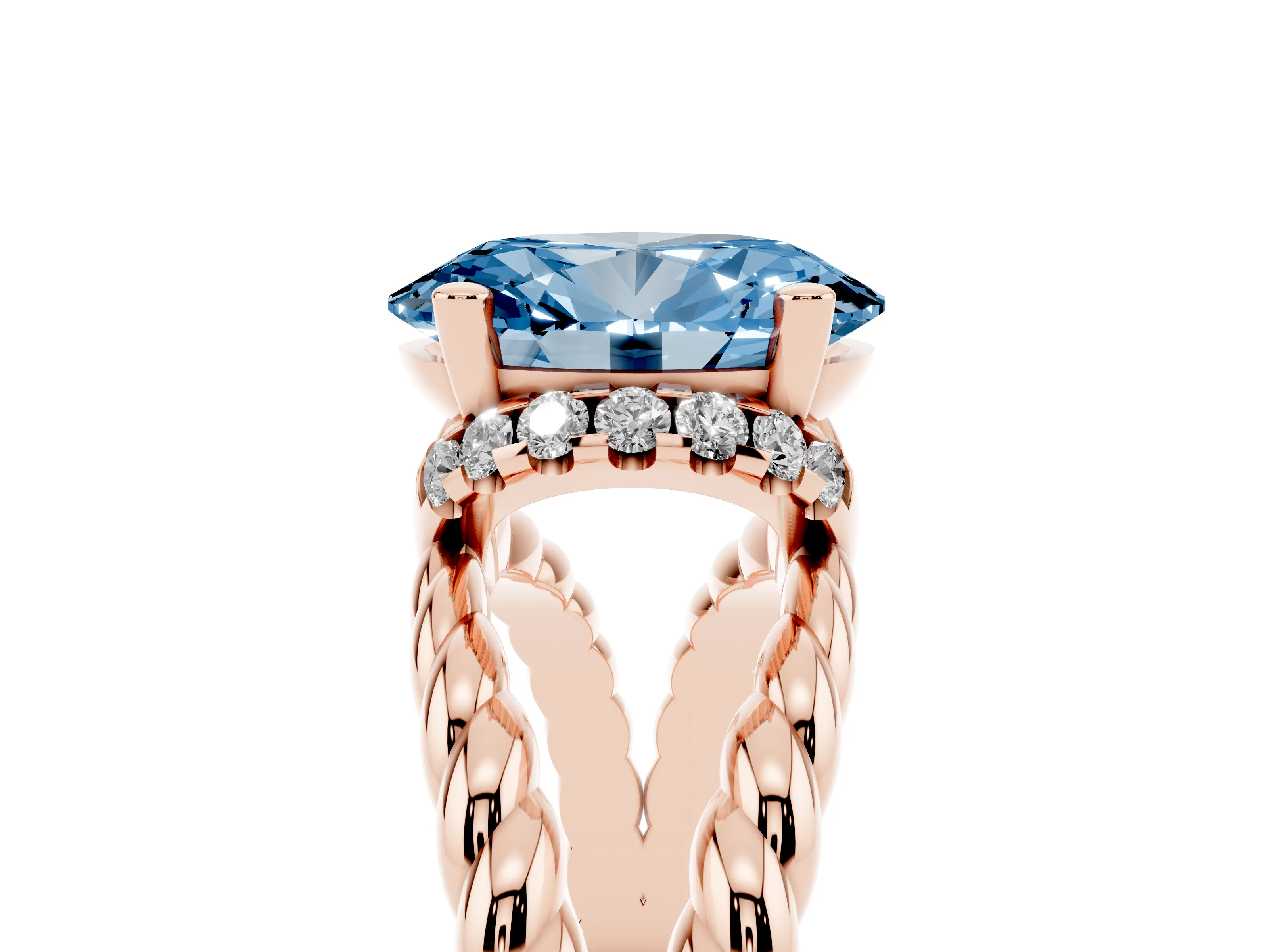 Fancy Blue Oval Cut Diamond Halo Ring Set in Rose gold with Twisted Band and Prong Setting