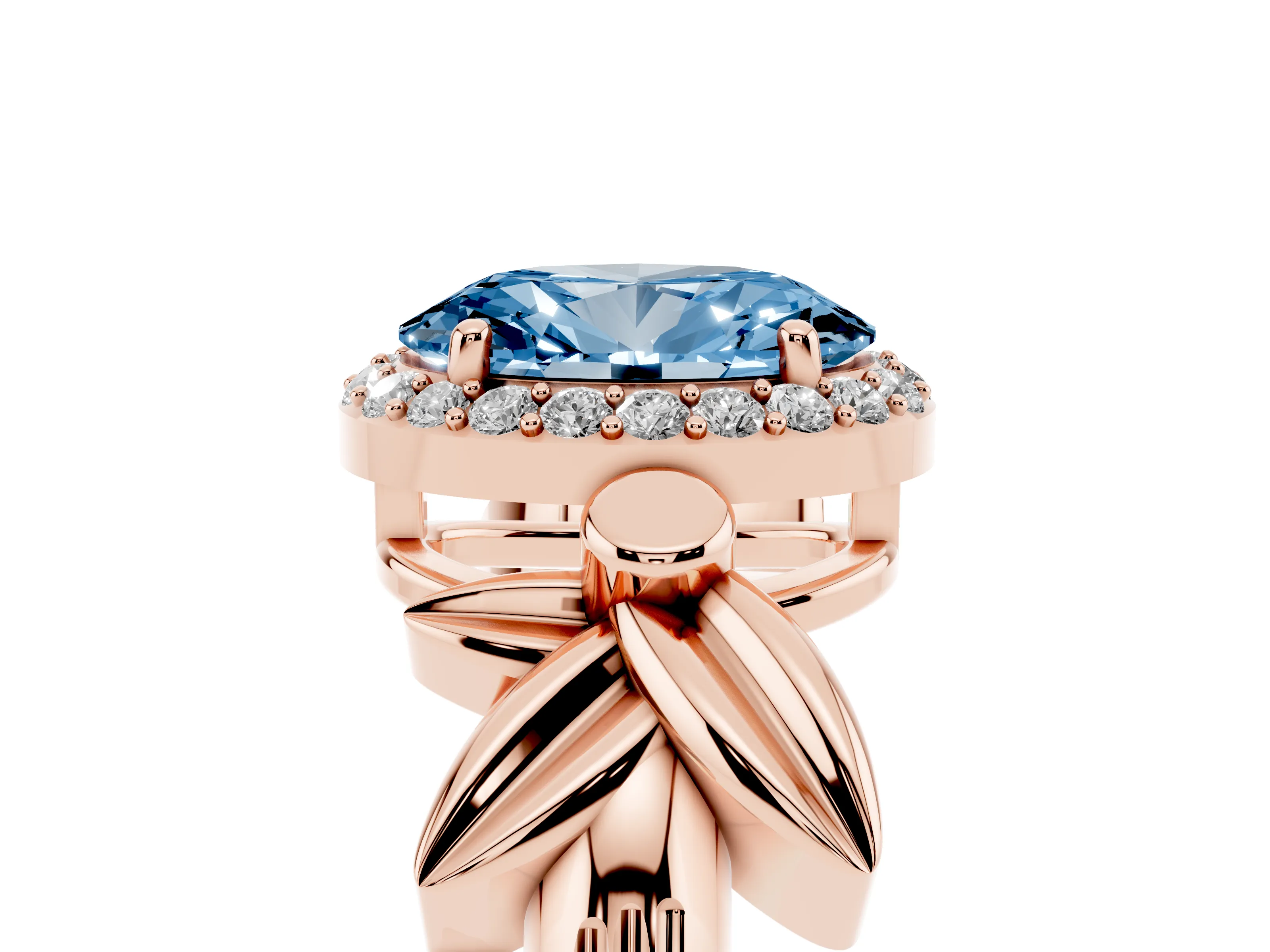 Fancy Blue Oval Cut Diamond Halo Floral Band Ring Set in Rose gold with Prong Setting