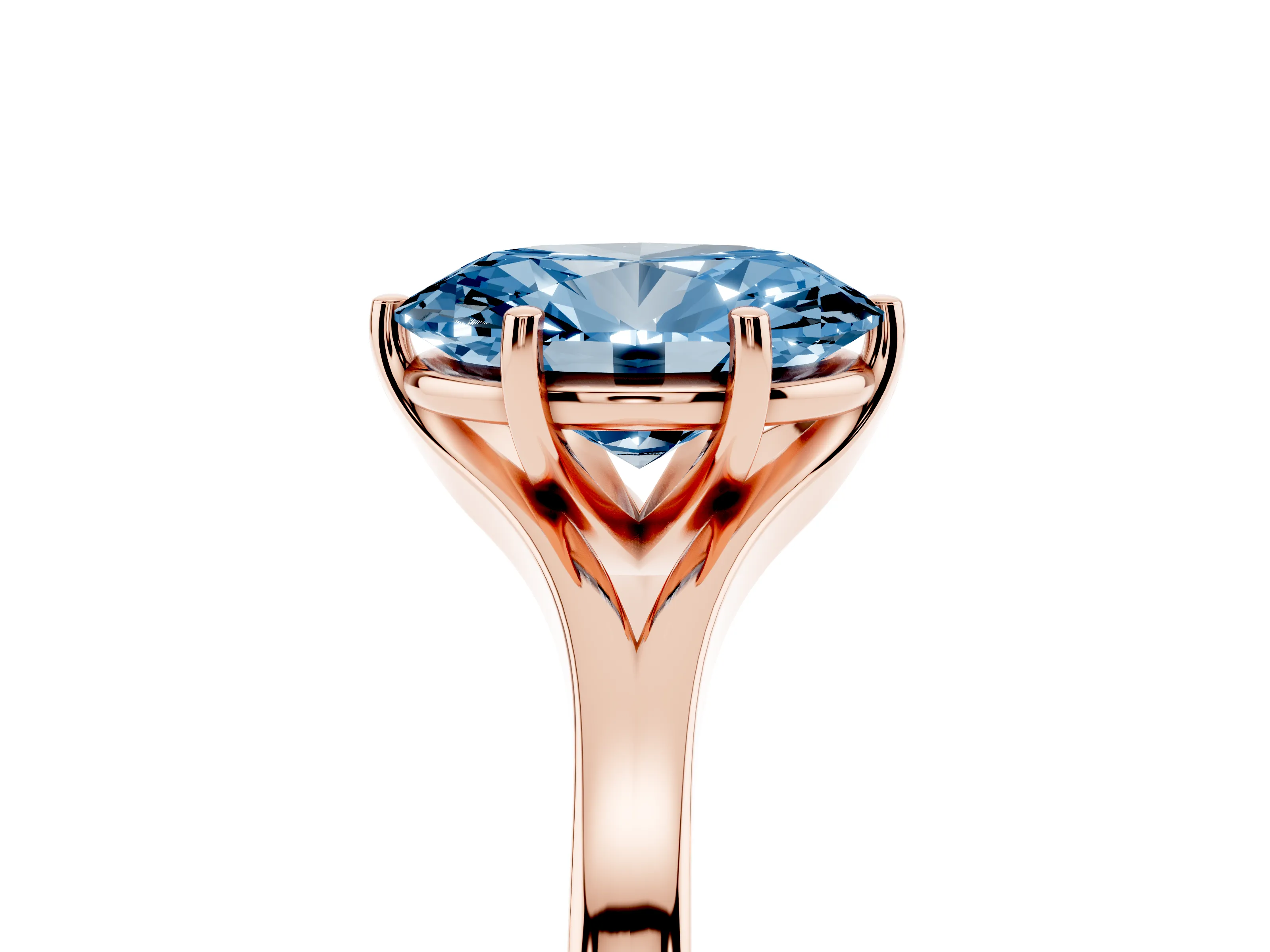 Fancy Blue Oval Cut Diamond Solitaire Ring Set in Rose gold with Polished Tapered Band and Prong Setting