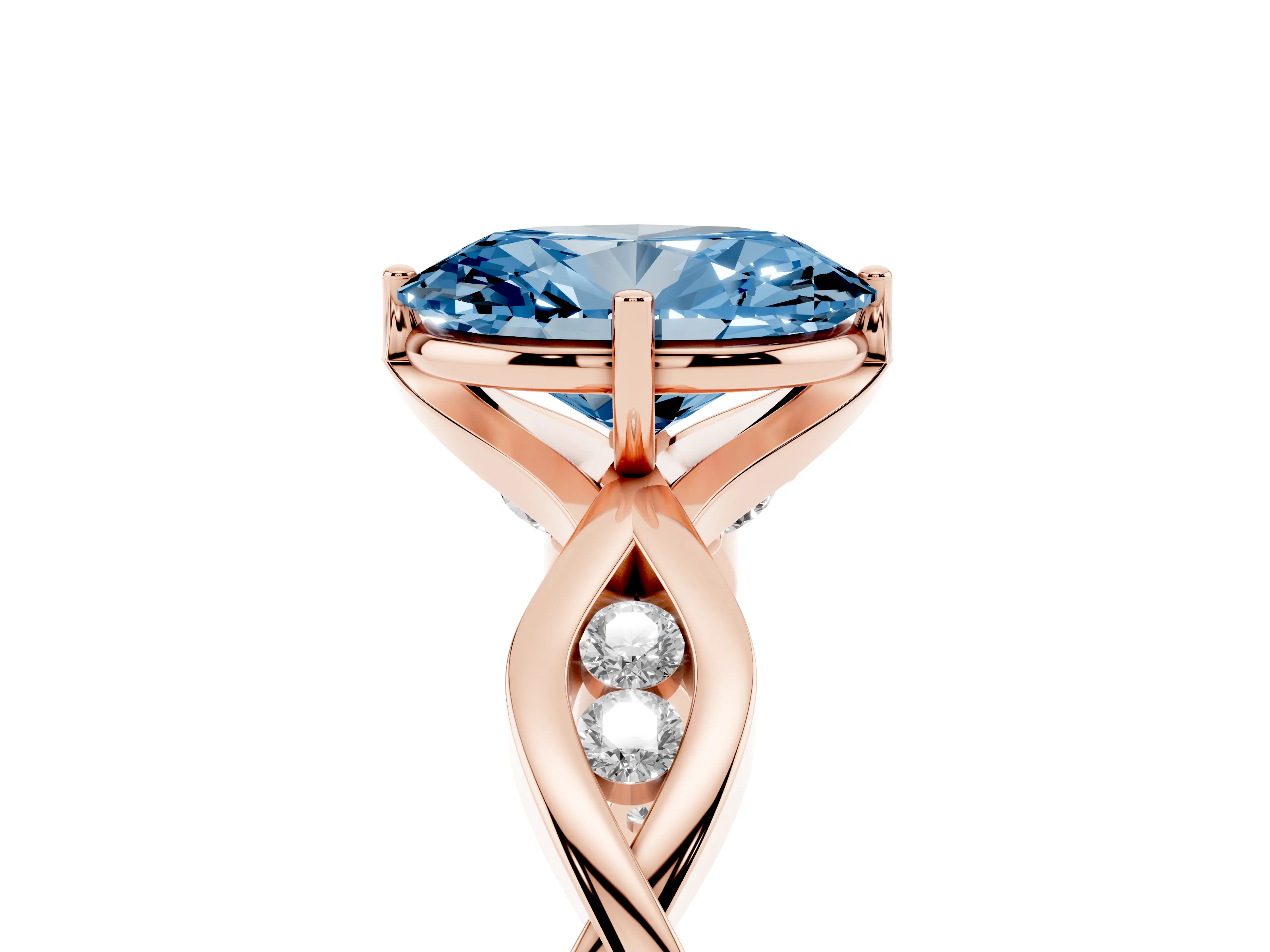 Fancy Blue Oval Cut Diamond Twist Band Solitaire Ring Set in Rose gold with Leaf Prong Setting and Accent Stones