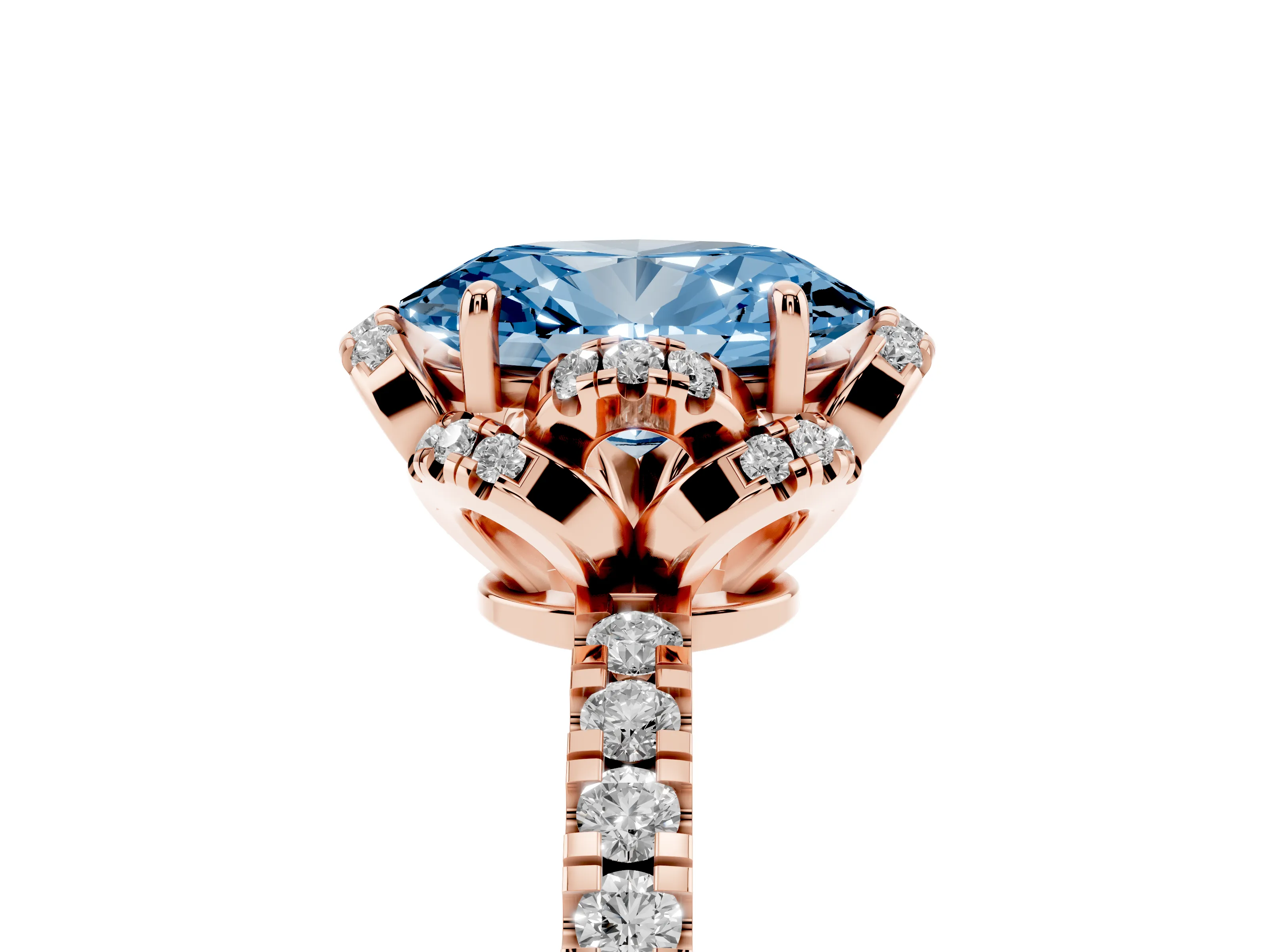 Fancy Blue Oval Cut Diamond Halo Pavé Band Ring Set in Rose gold with Prong-Held Center