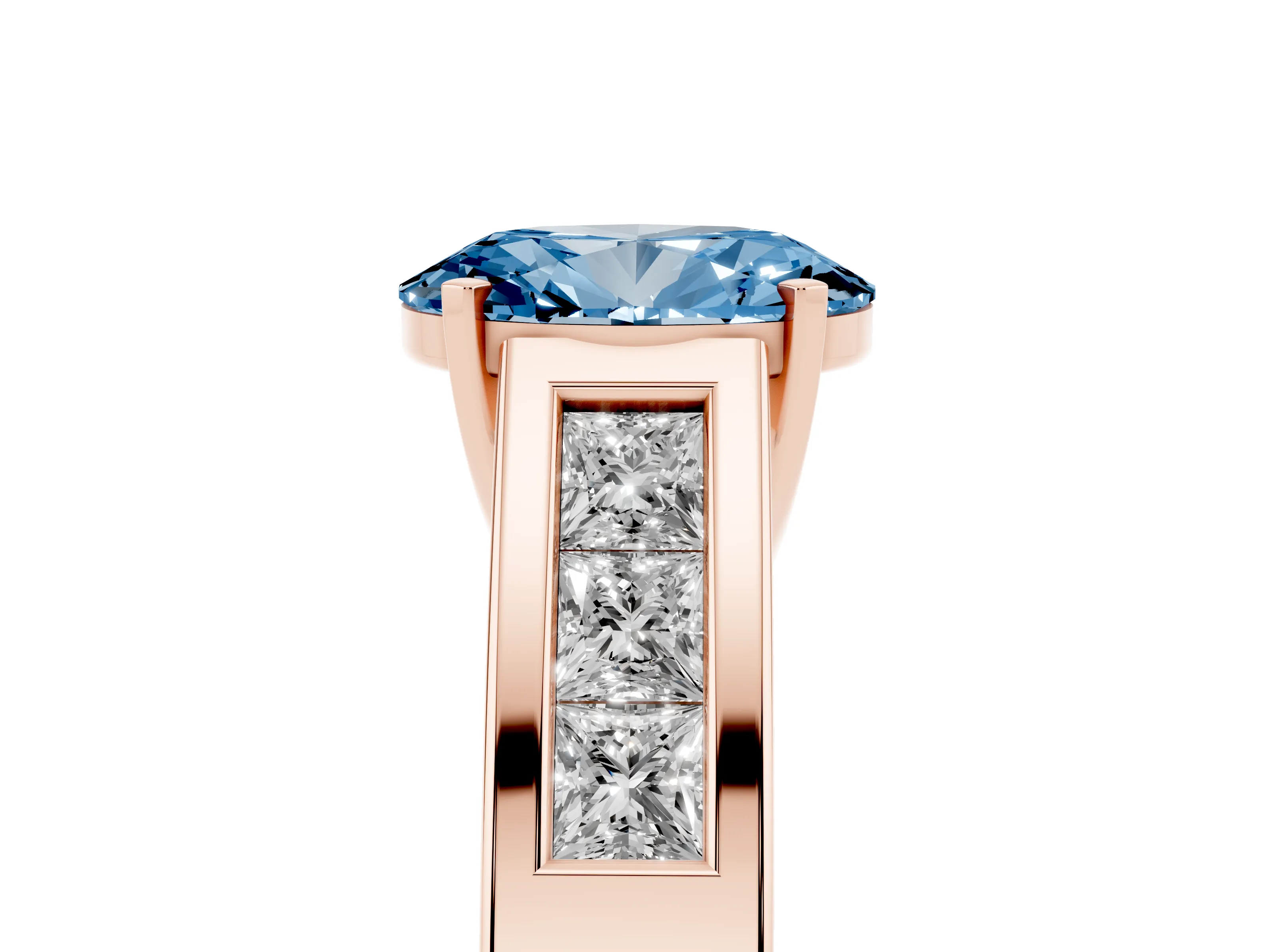 Fancy Blue Oval Cut Diamond Solitaire Ring Set in Rose gold with Channel-Set Accent Stones and Prong Setting