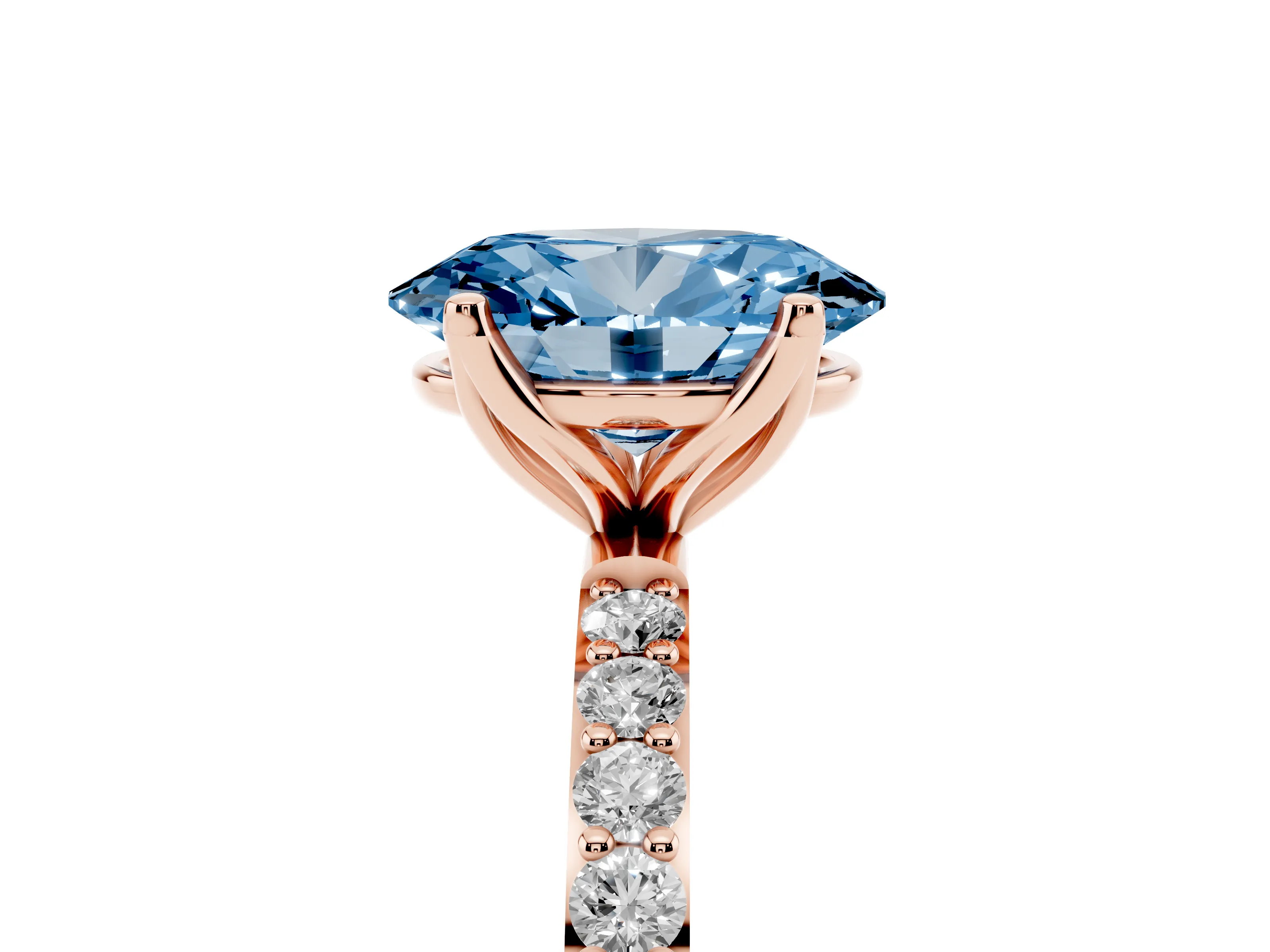 Fancy Blue Oval Cut Diamond Solitaire Engagement Ring Set in Rose gold with Round Pavé Band and Prong Setting