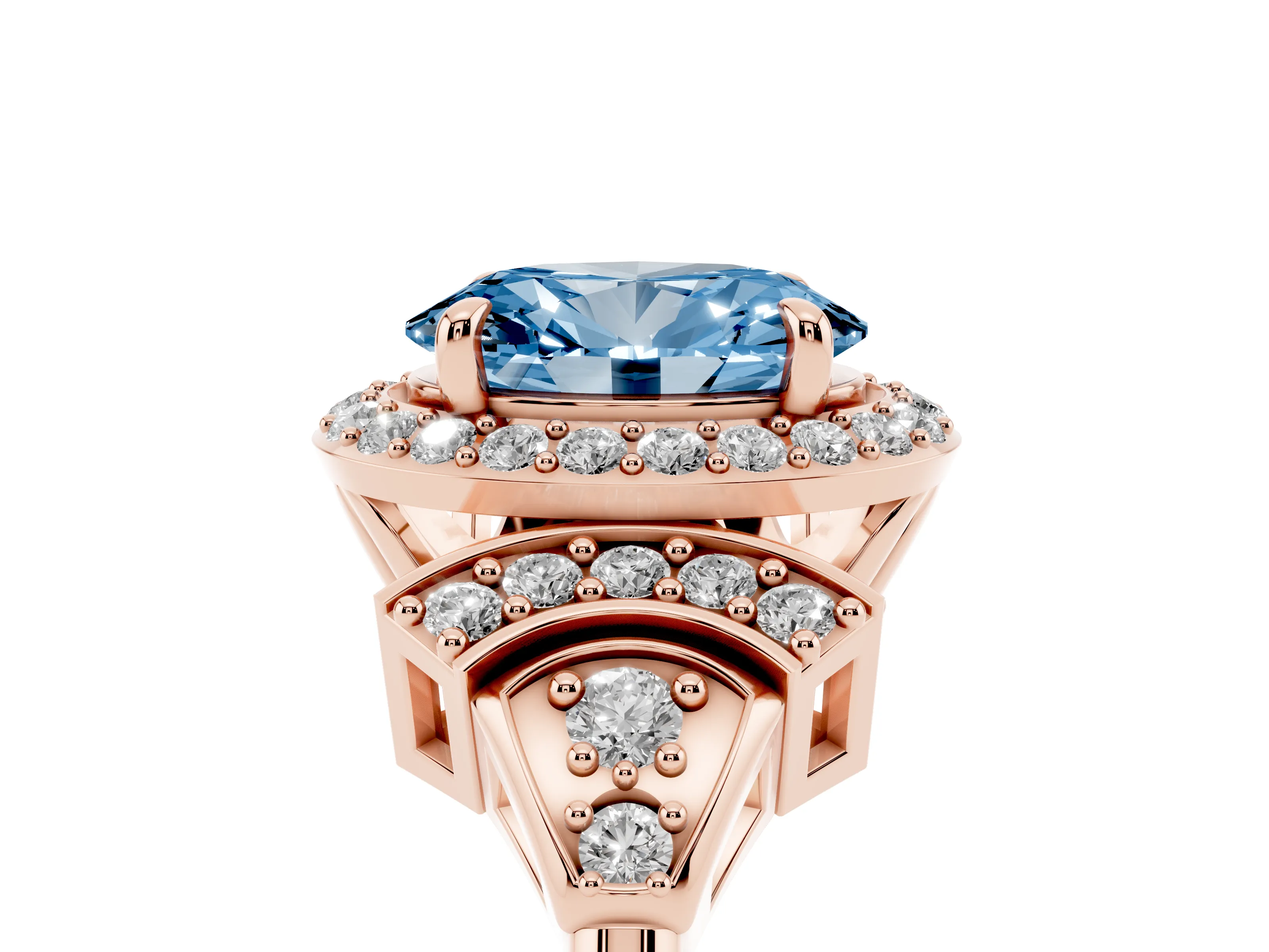Fancy Blue Oval Cut Diamond Halo Engagement Ring Set in Rose gold with Accent Stone Split Shank