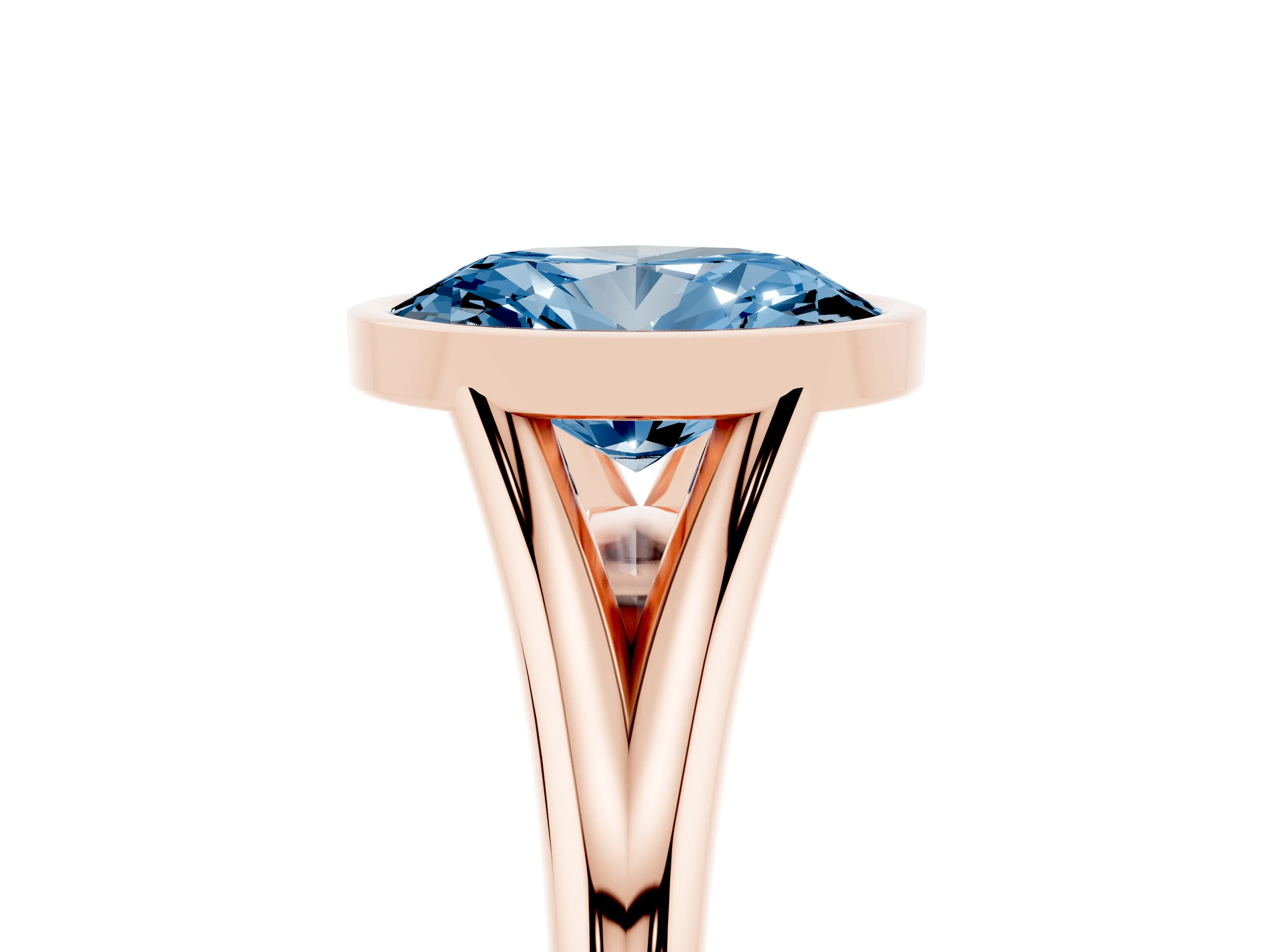 Fancy Blue Bezel Set Oval Cut Diamond Solitaire Ring Set in Rose gold with Tapered Band