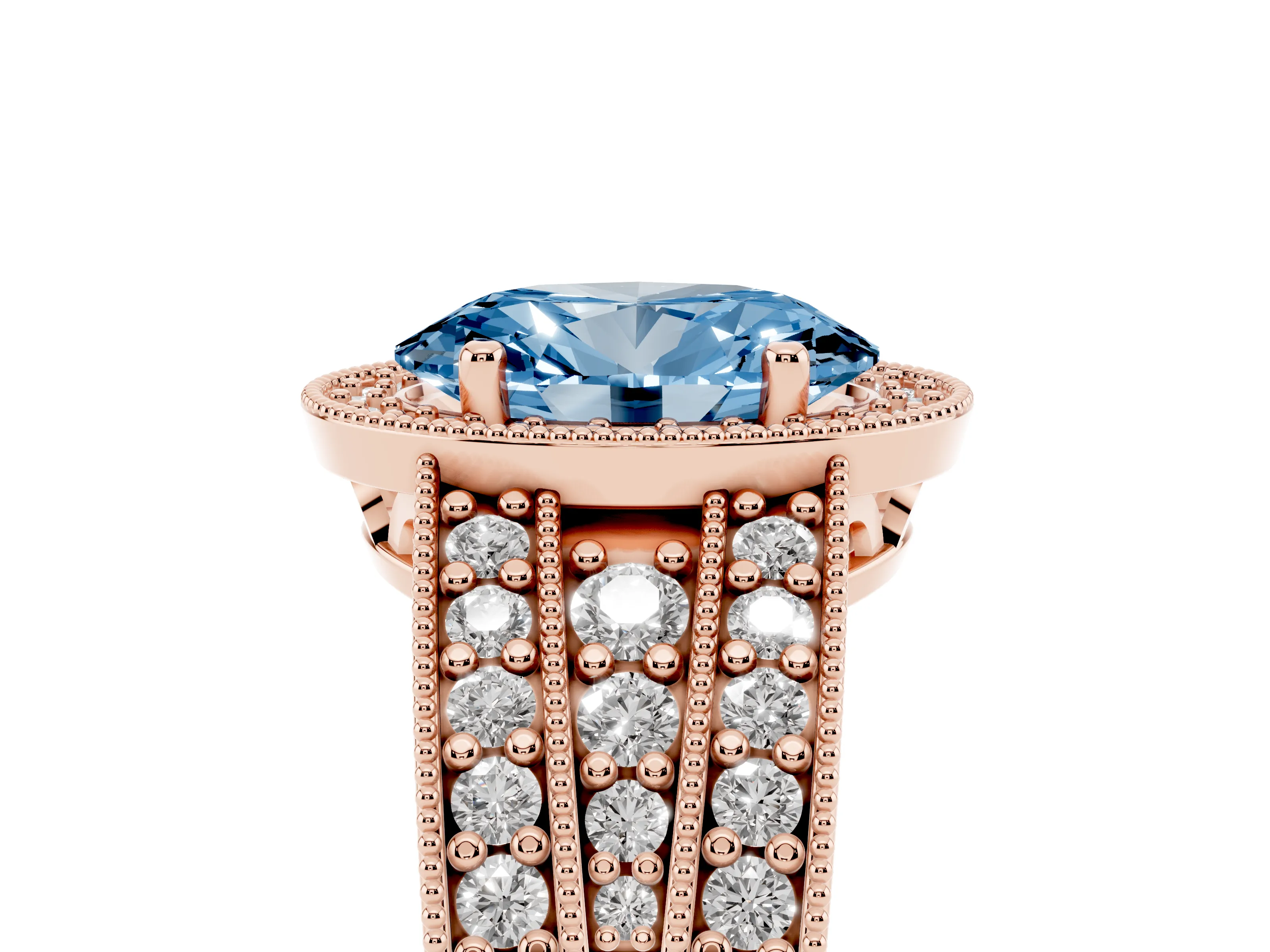 Fancy Blue Oval Cut Diamond Halo Ring Set in Rose gold with Accent Split Shank and Prong Setting
