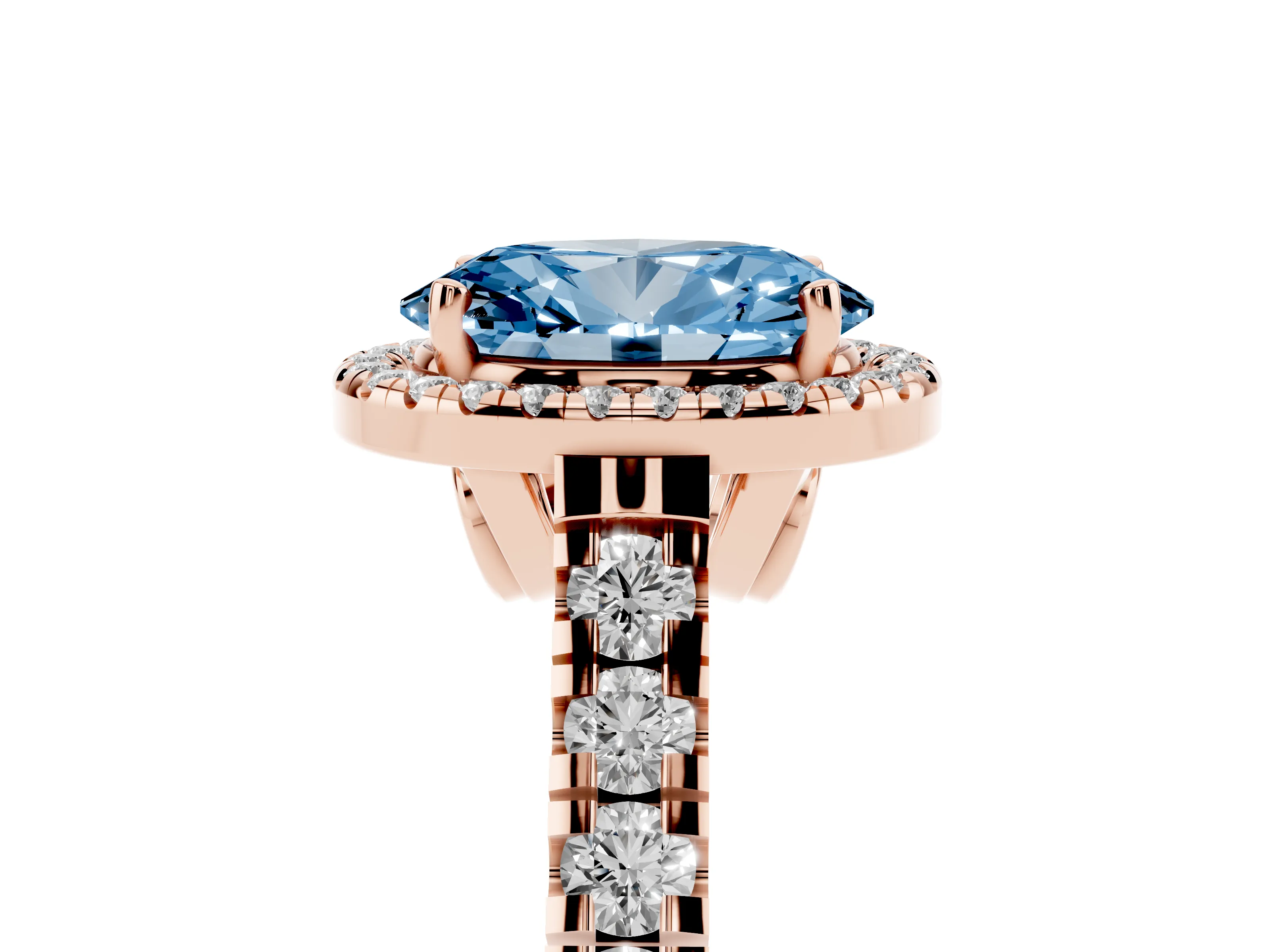 Fancy Blue Oval Cut Diamond Halo Engagement Ring Set in Rose gold with Pavé Band and Prong-Set Center