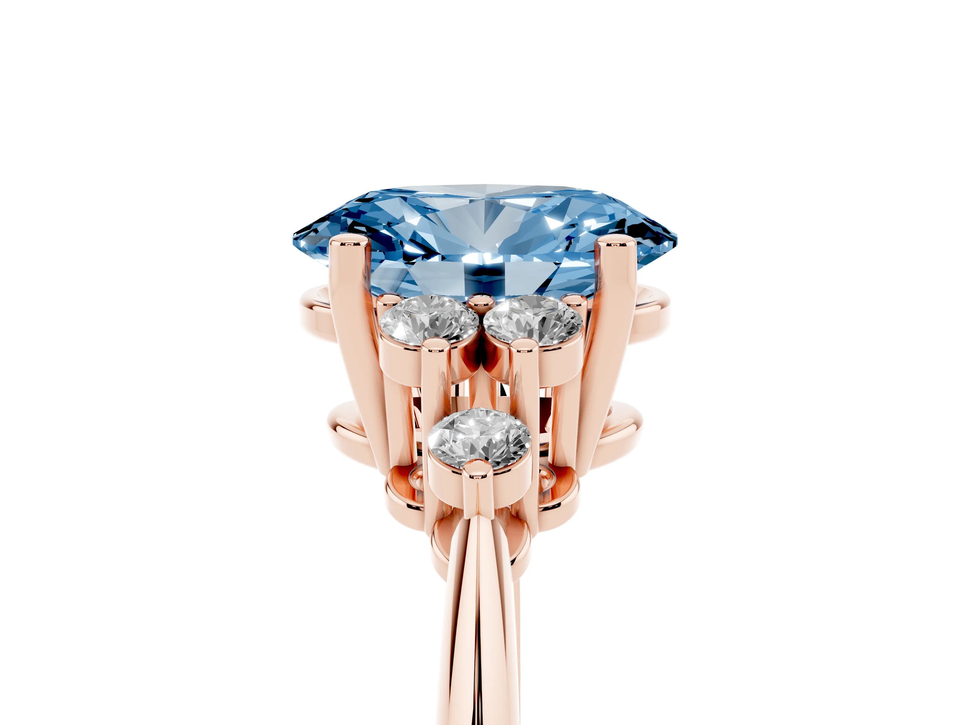 Fancy Blue Oval Cut Diamond Cluster Ring Set in Rose gold with Plain Band and Prong Setting