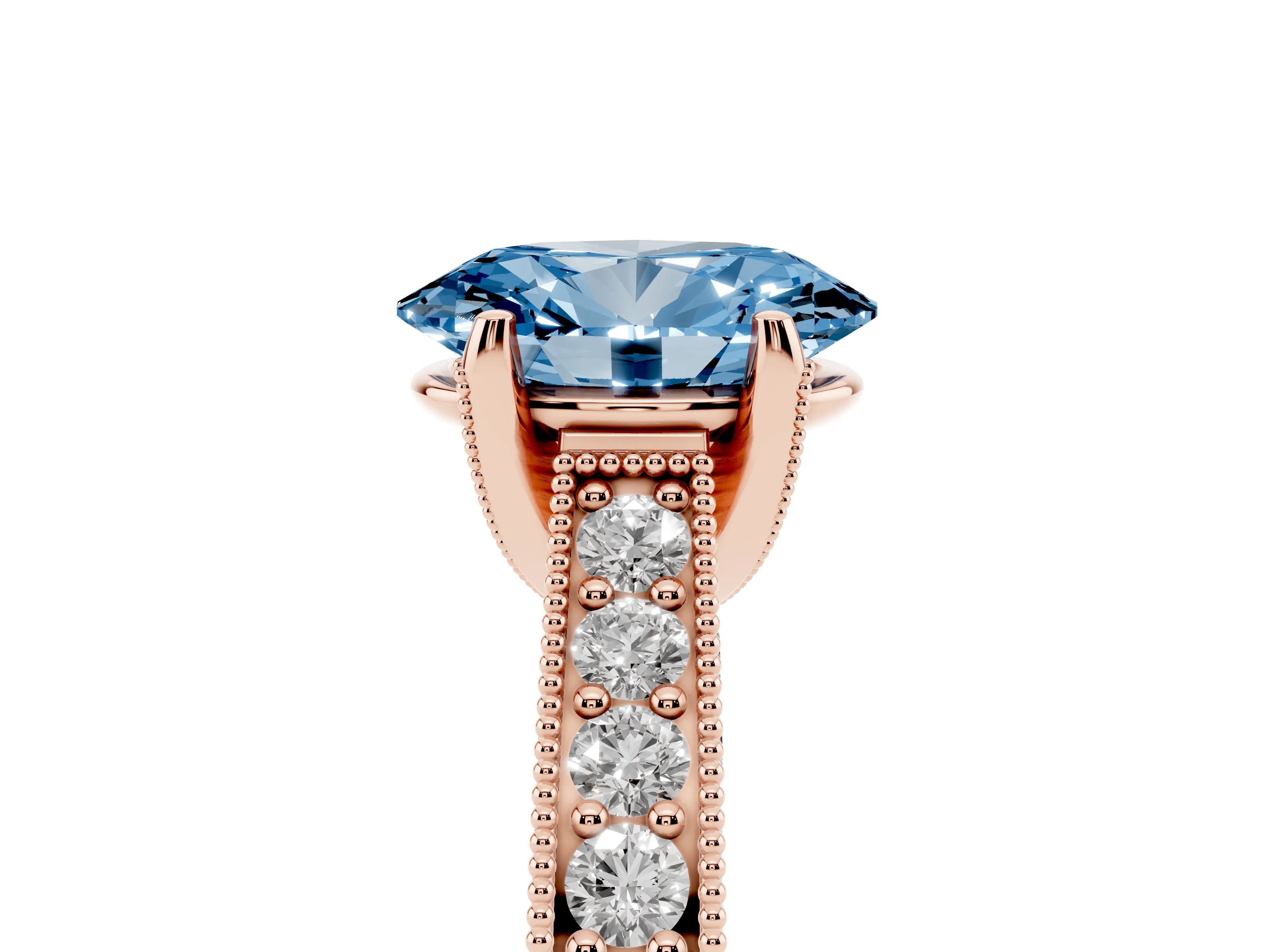 Fancy Blue Oval Cut Diamond Solitaire Ring Set in Rose gold with Milgrain-Edged Pavé Band and Prong Setting