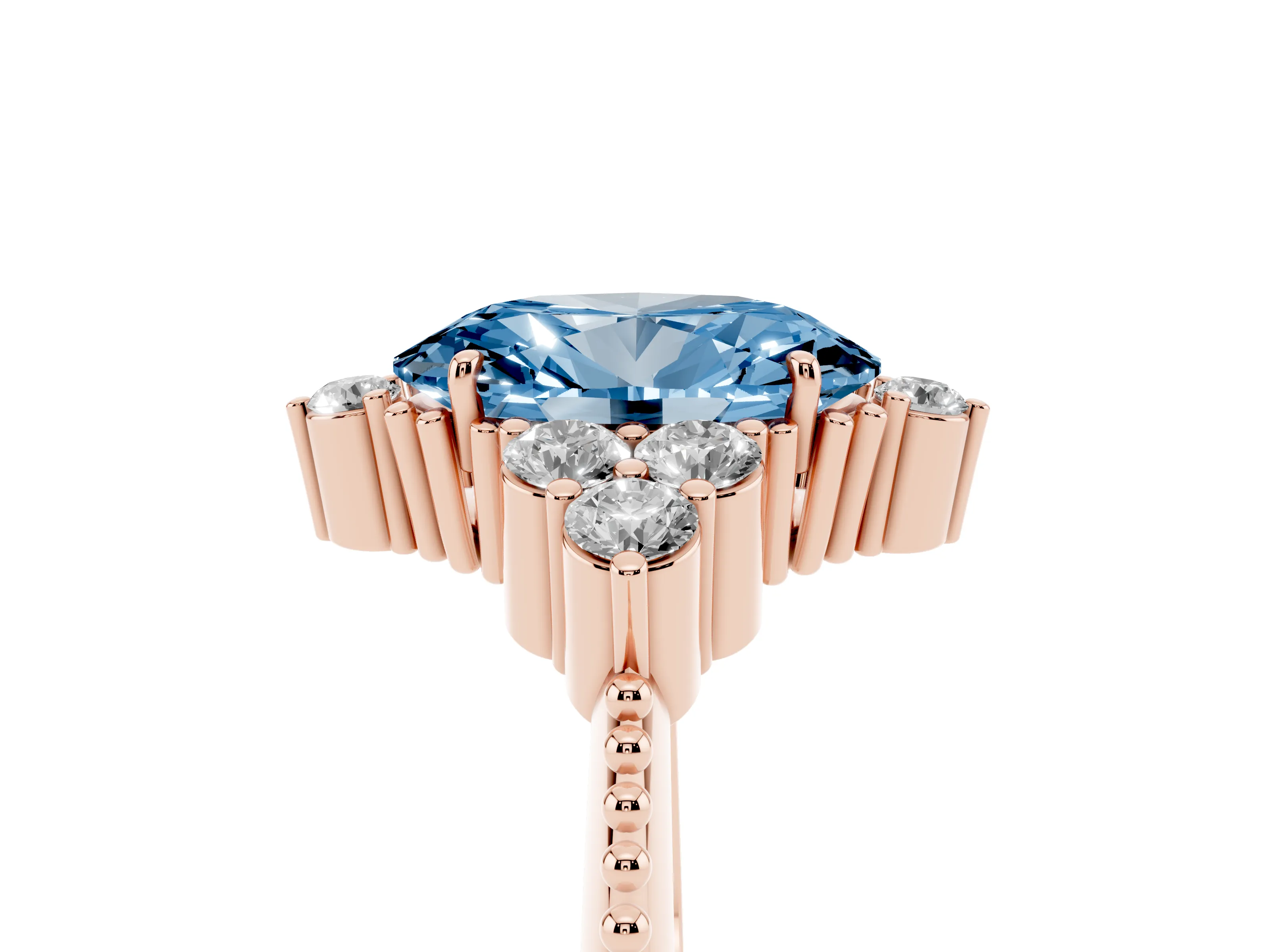Fancy Blue Oval Cut Diamond Cluster Ring Set in Rose gold with Beaded Band