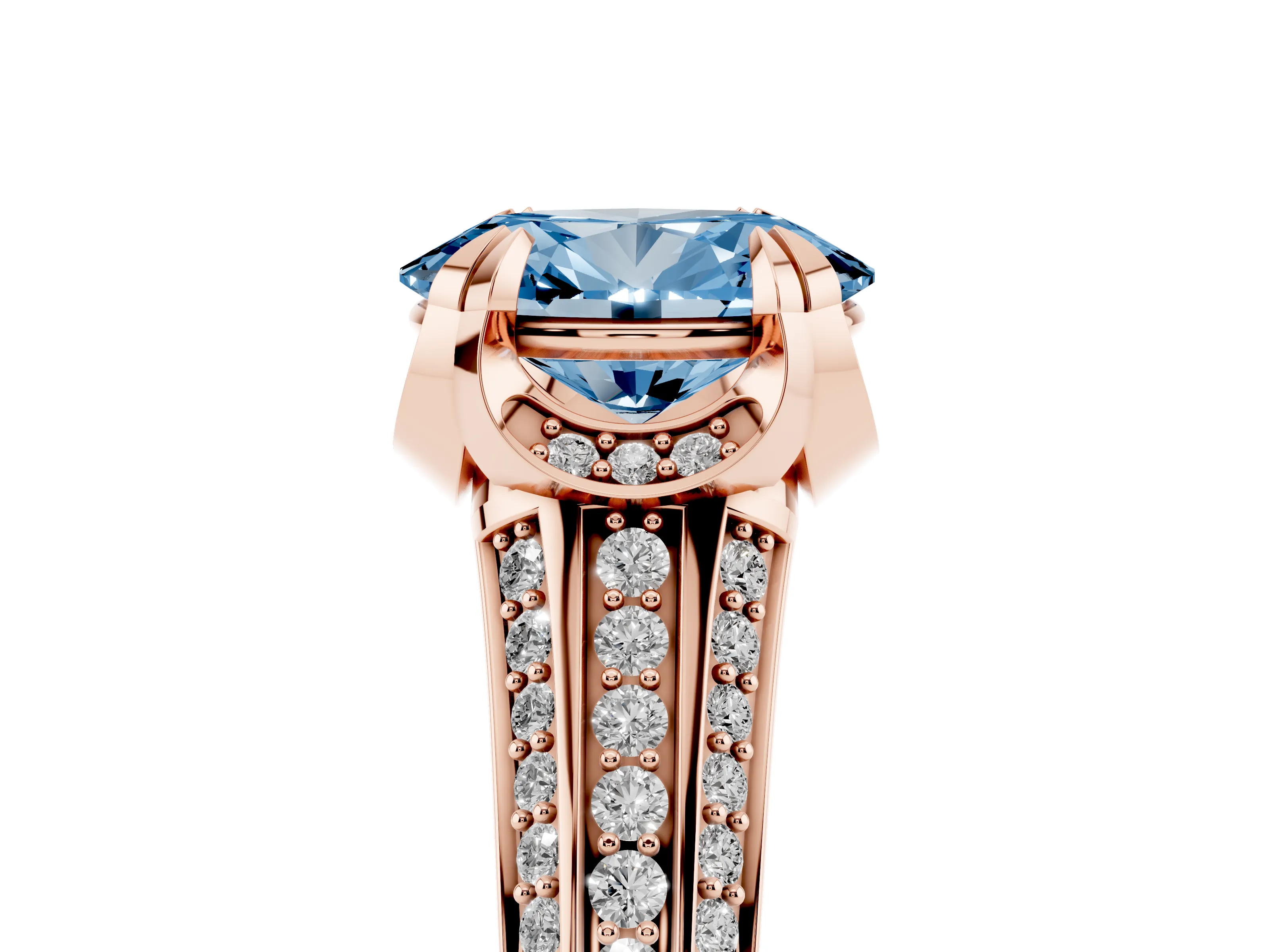 Fancy Blue Oval Cut Diamond Pavé Split Shank Solitaire Ring Set in Rose gold with Prong Setting
